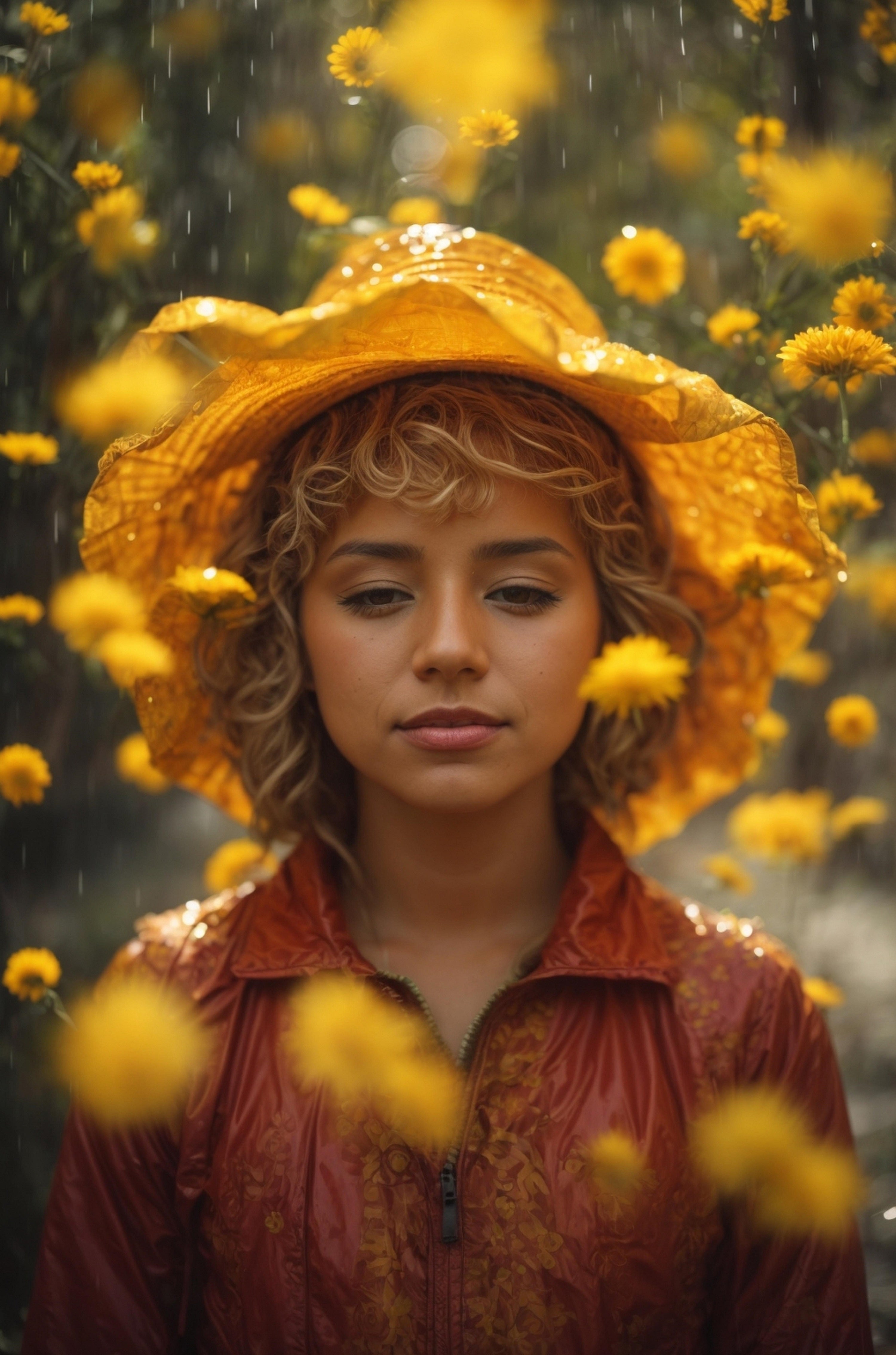 Vinyl Decal,Golden Rain Woman in Yellow Hat Floral Wall Art Poster Print, 5 x 7 or 8 x 10 Inch Unfra