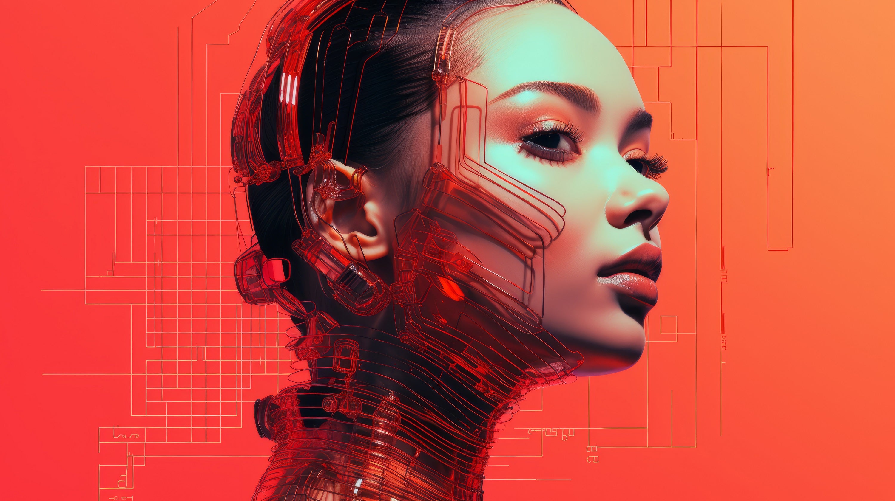 Vinyl Decal,Futuristic Red Cyborg Woman Wall Art Poster Modern AI Technology Sci-Fi Decor, 5 x 7 or 