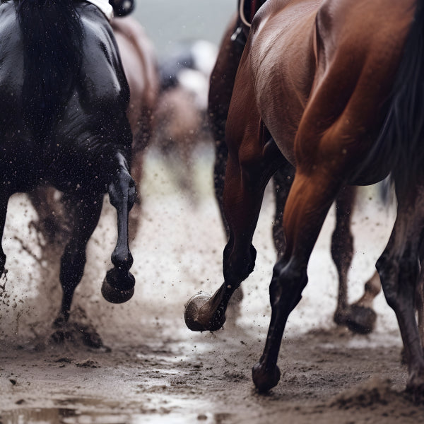Vinyl Decal, Dynamic Action Shot of Racehorses Galloping Through Water and Mud (5" x 7")