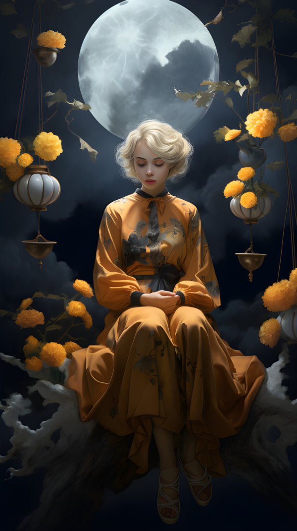 Vinyl Decal,Mystical Moonlit Woman Wall Art Poster Serene Night Scene Orange Flowers Home Decor, 5 x