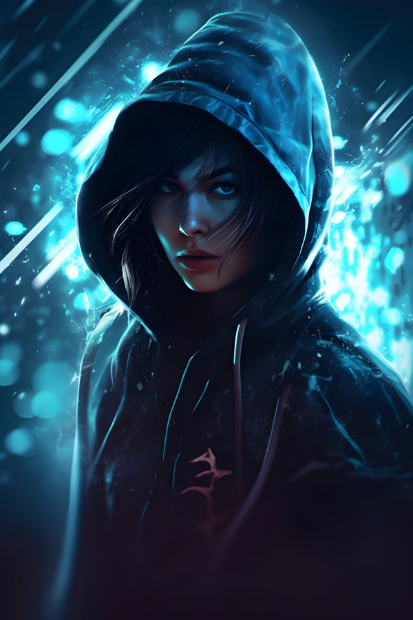Vinyl Decal,Intense Gaze Cyberpunk Girl in Hoodie Sci-Fi Digital Art Wall Decor Poster Print, 5 x 7 