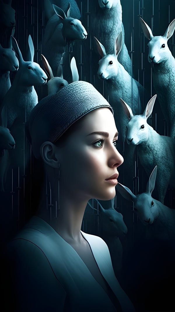 Vinyl Decal,Surreal Blue Toned Woman and Rabbits Artistic Wall Art Decor Print, 5 x 7 or 8 x 10 Inch