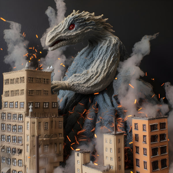 Vinyl Decal, Knitted Kaiju Monster Action Figure City Destruction Diorama (5" x 7")