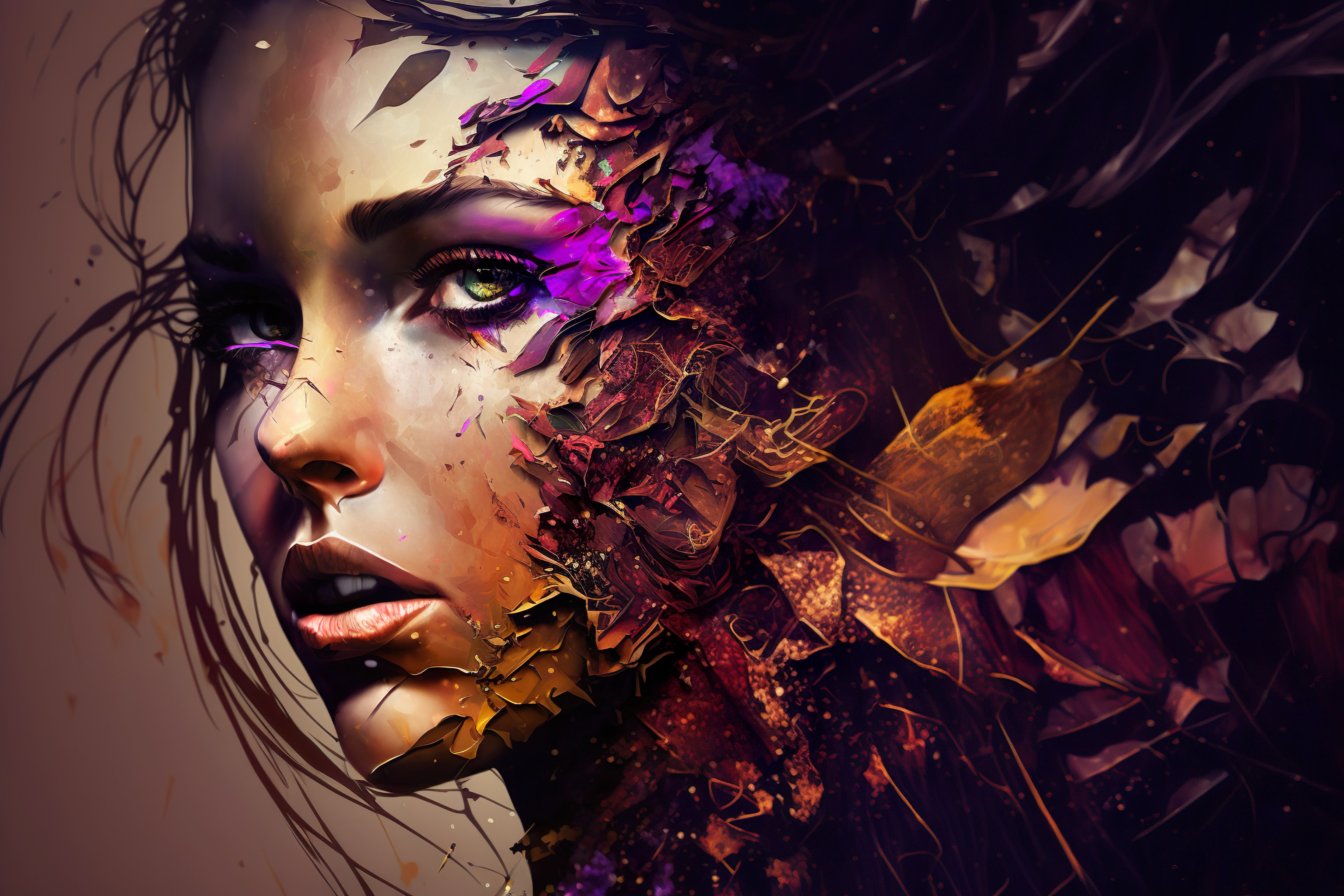 Vinyl Decal,Woman Face Wall Art Poster Vibrant Purple Gold Leaves Digital Painting Modern Canvas Pri