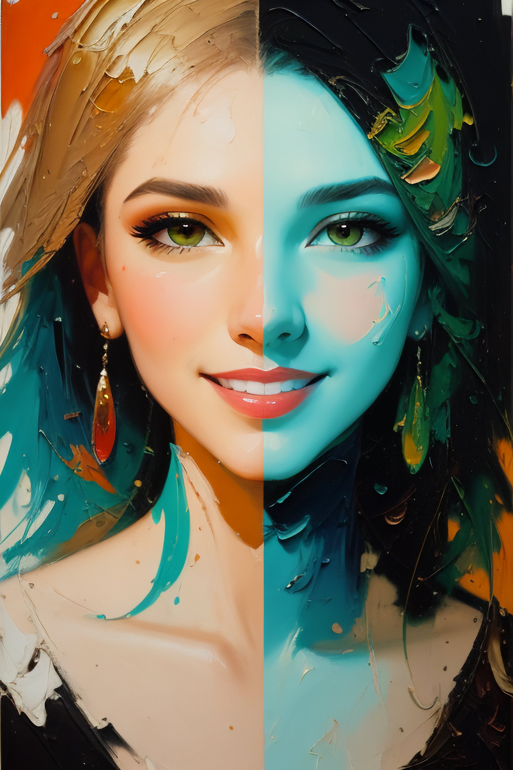 Vinyl Decal,Modern Abstract Woman Portrait Wall Art Poster Colorful Split Face Design Teal Green Eye