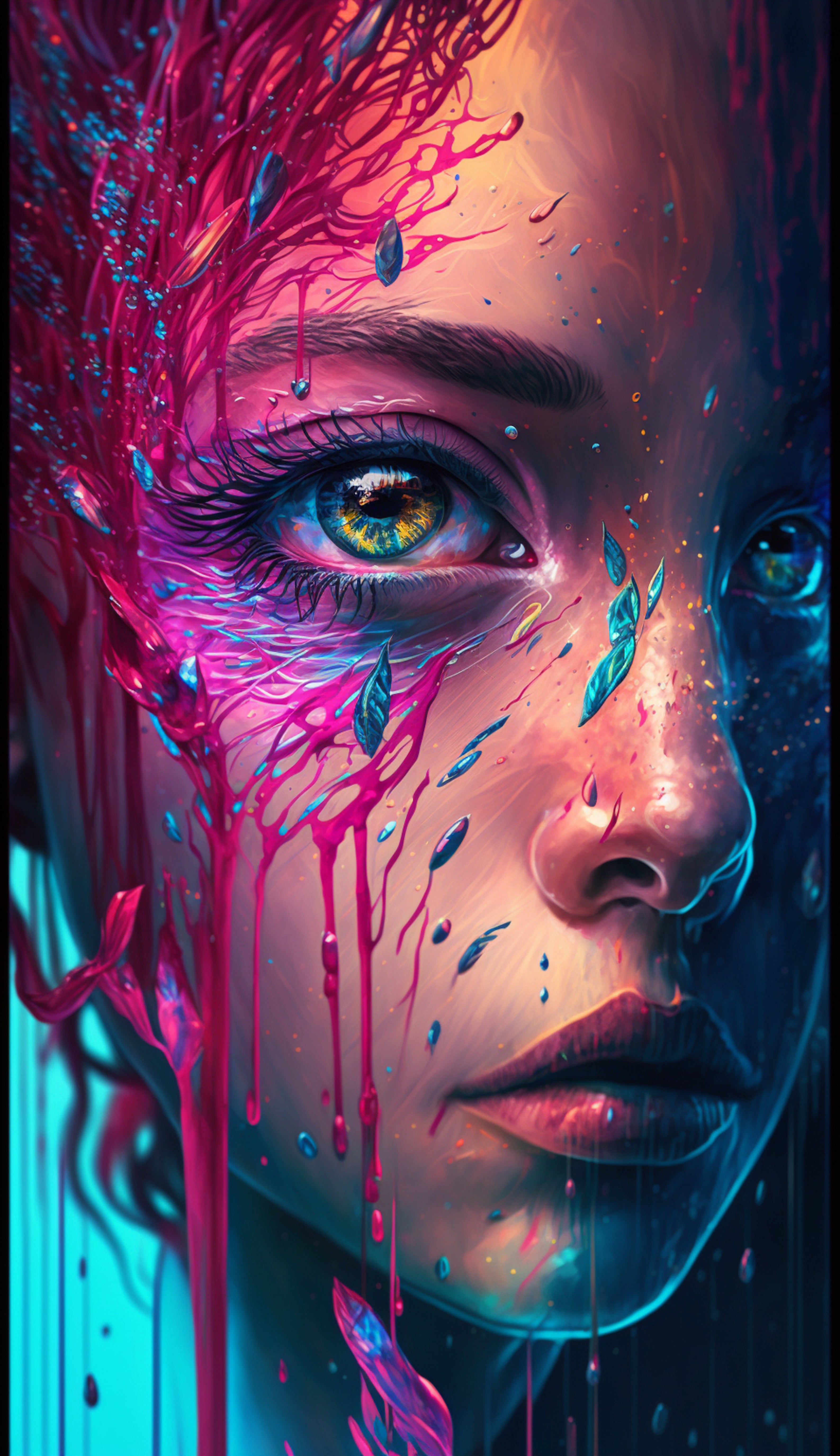 Vinyl Decal,Vibrant Cyberpunk Woman Wall Art Poster - Abstract Colorful Portrait Home Decor, 5 x 7 o