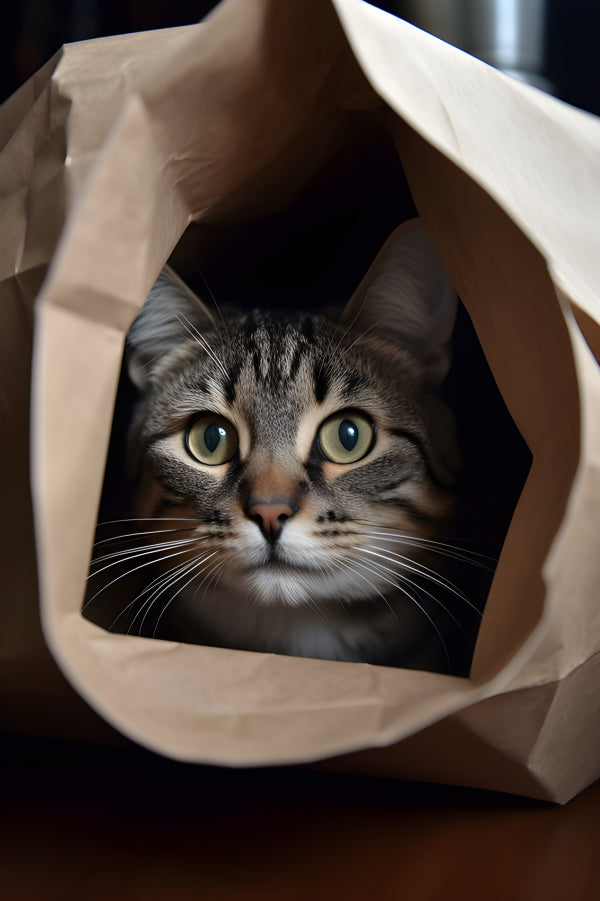 Vinyl Decal Curious Tabby Cat Peeking Out of a Brown Paper Bag (5" x 7")