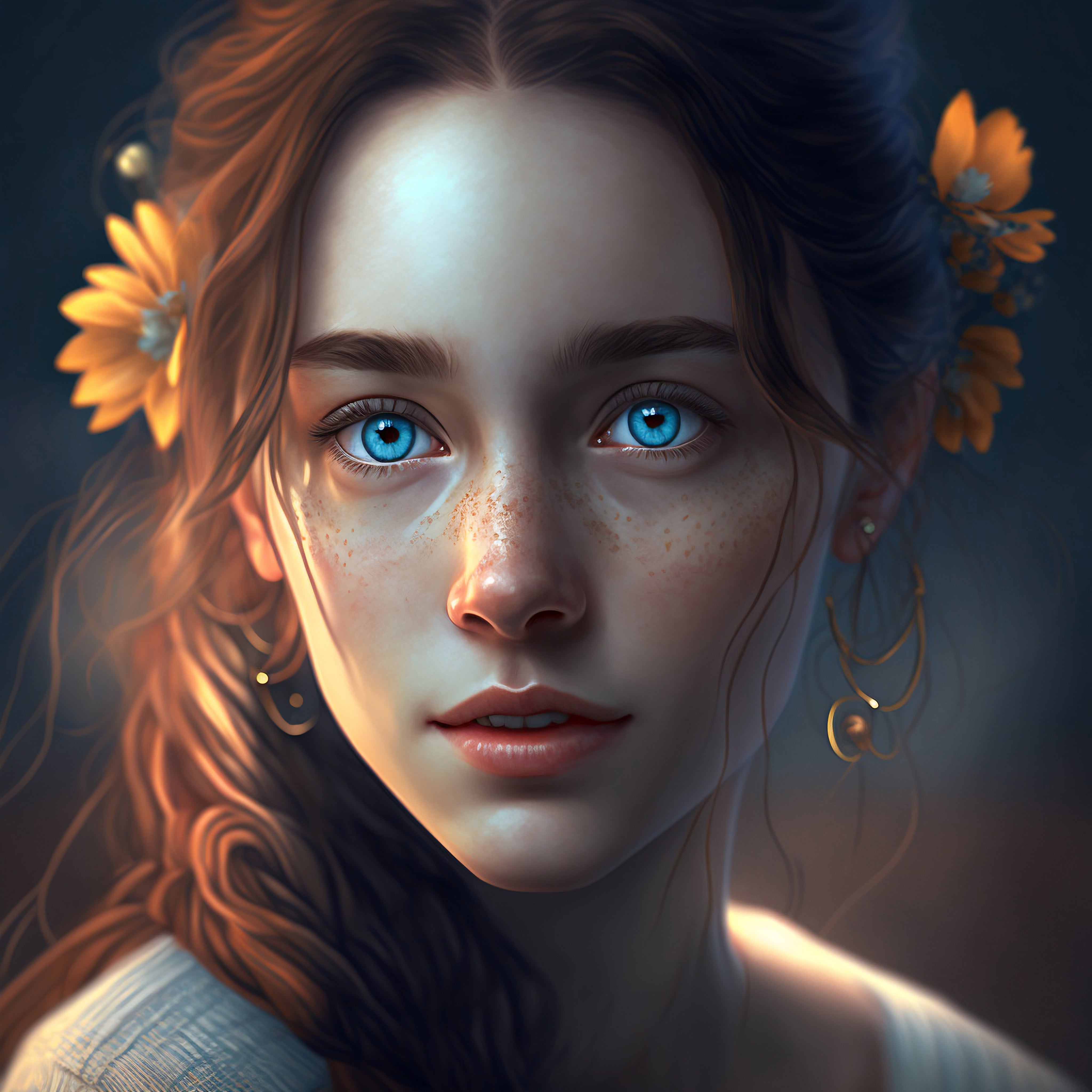 Vinyl Decal,Striking Blue Eyes Woman with Flowers AI Generated Wall Art Poster Print, 5 x 7 or 8 x 1