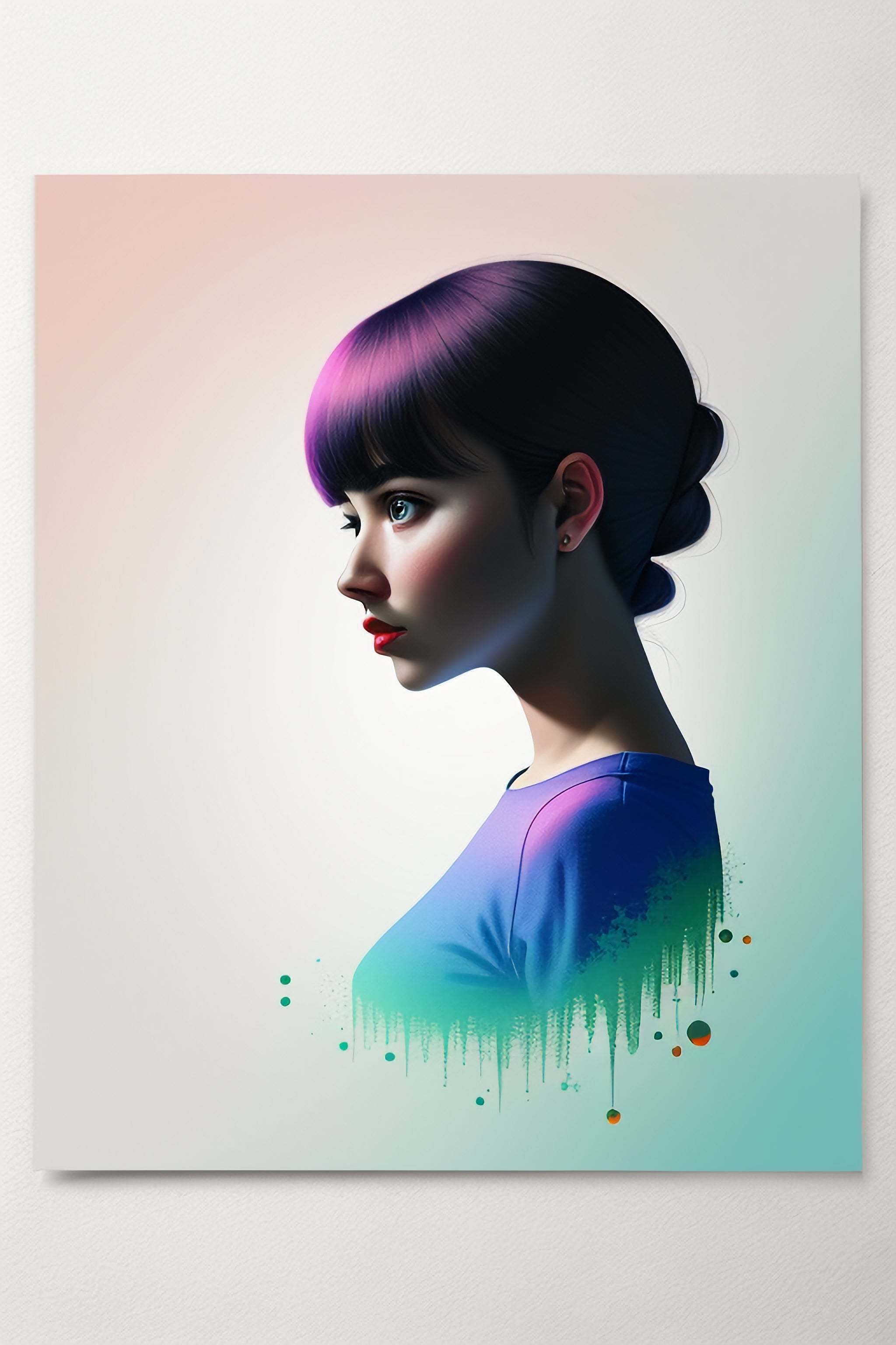Vinyl Decal,Vibrant Purple Hair Woman Portrait Wall Art, 5 x 7 or 8 x 10 Inch Unframed Poster for Ho