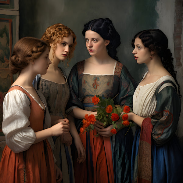 Vinyl Decal,Four Young Women in Vintage Attire with Red Flowers Classic Art Wall Decor Poster Print,