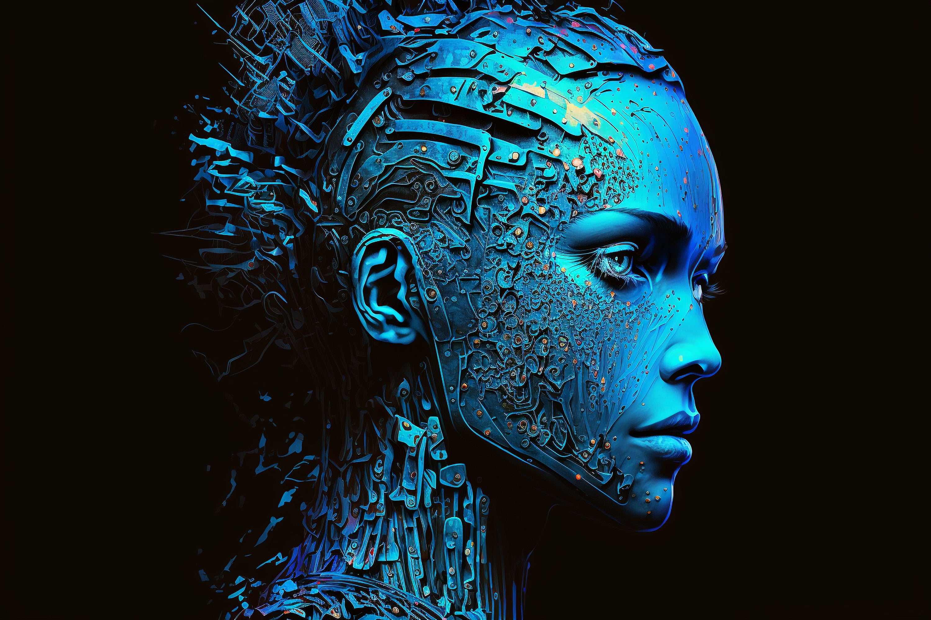 Vinyl Decal,Futuristic Blue Cyborg AI Robot Face Sci-Fi Wall Art Poster, 5 x 7 or 8 x 10 Inch Unfram