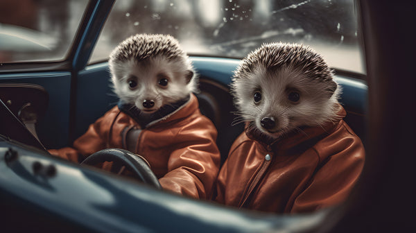 Vinyl Decal, Two Hedgehogs in a Vintage Car Art Print (5" x 7")