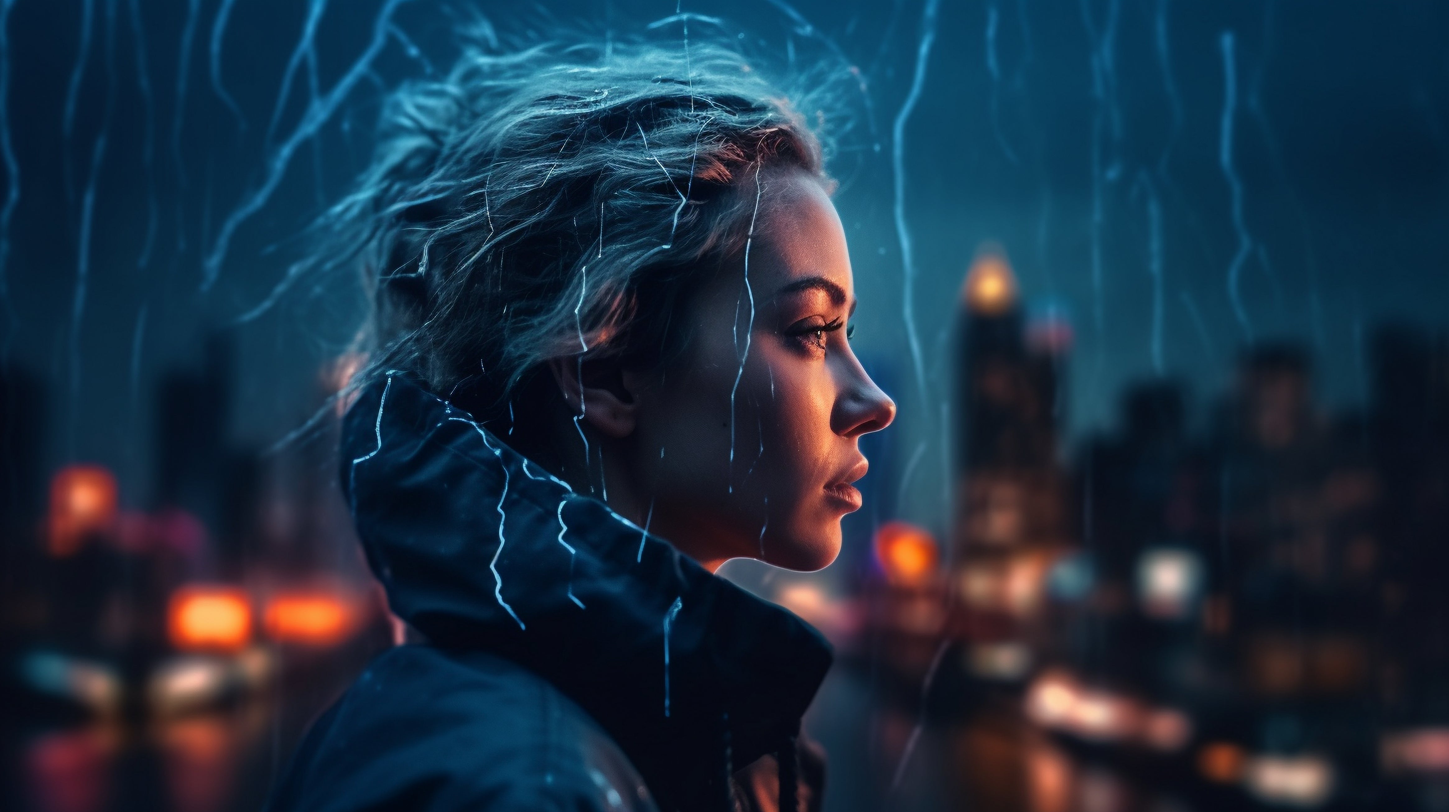 Vinyl Decal,Dramatic Rainy Night Cityscape Wall Art Poster Woman Profile Home Decor Print, 5 x 7 or 