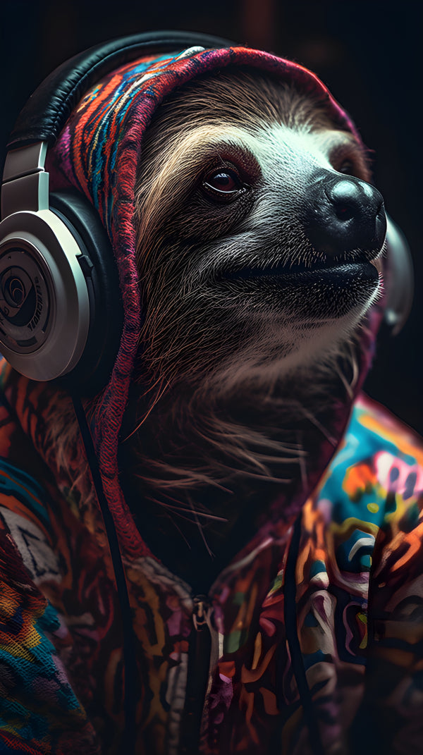 Vinyl Decal, Fashionable Sloth DJ Illustration with Headphones and Colorful Hoodie (5" x 7")