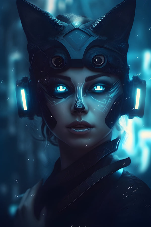 Vinyl Decal,Cyberpunk Cat Girl Art Print Futuristic Sci-Fi Wall Decor Neon Blue Eyes Poster, 5 x 7 o