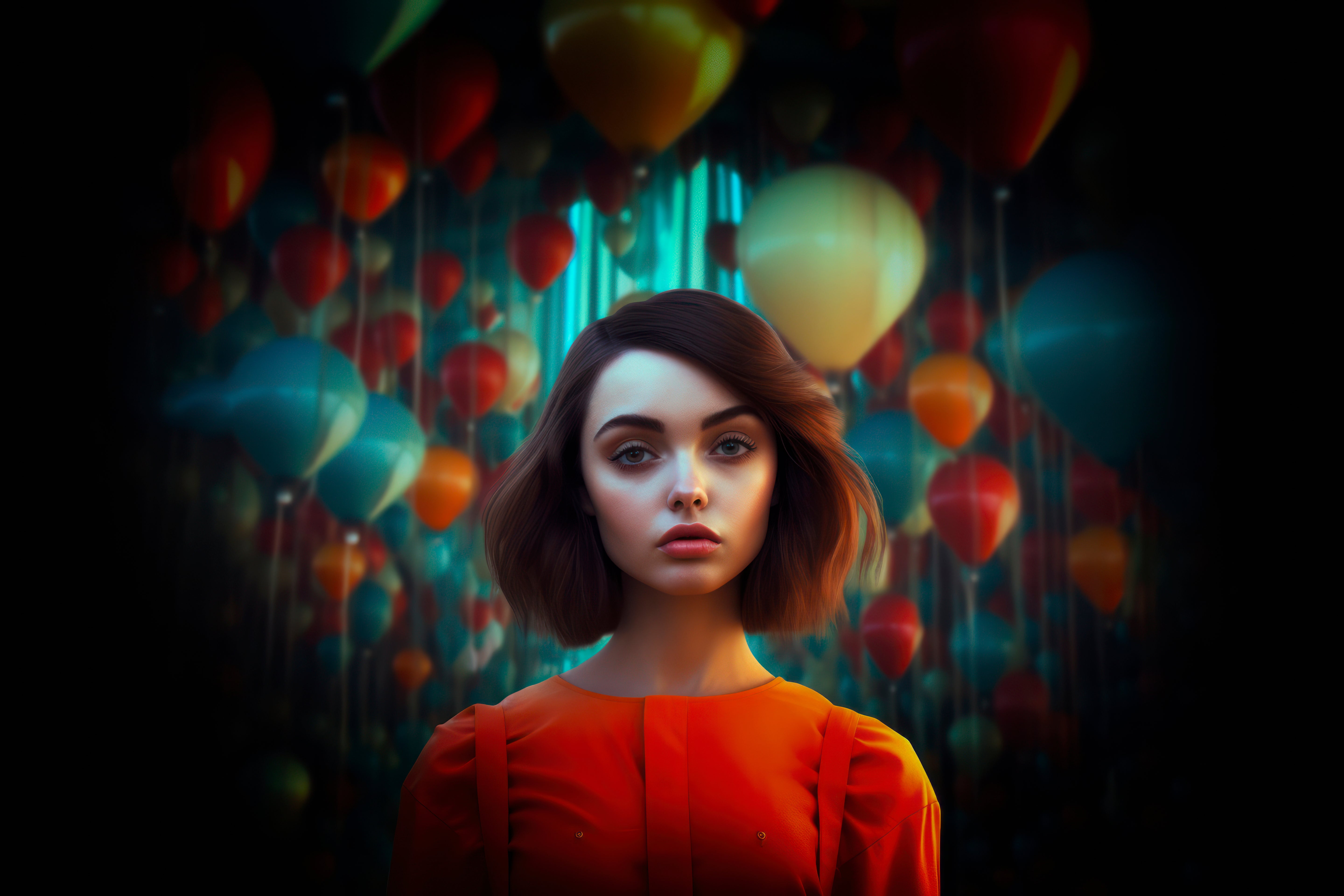 Vinyl Decal,Enigmatic Gaze Woman Surrounded by Vibrant Balloons Artistic Portrait Wall Art Print, 5 