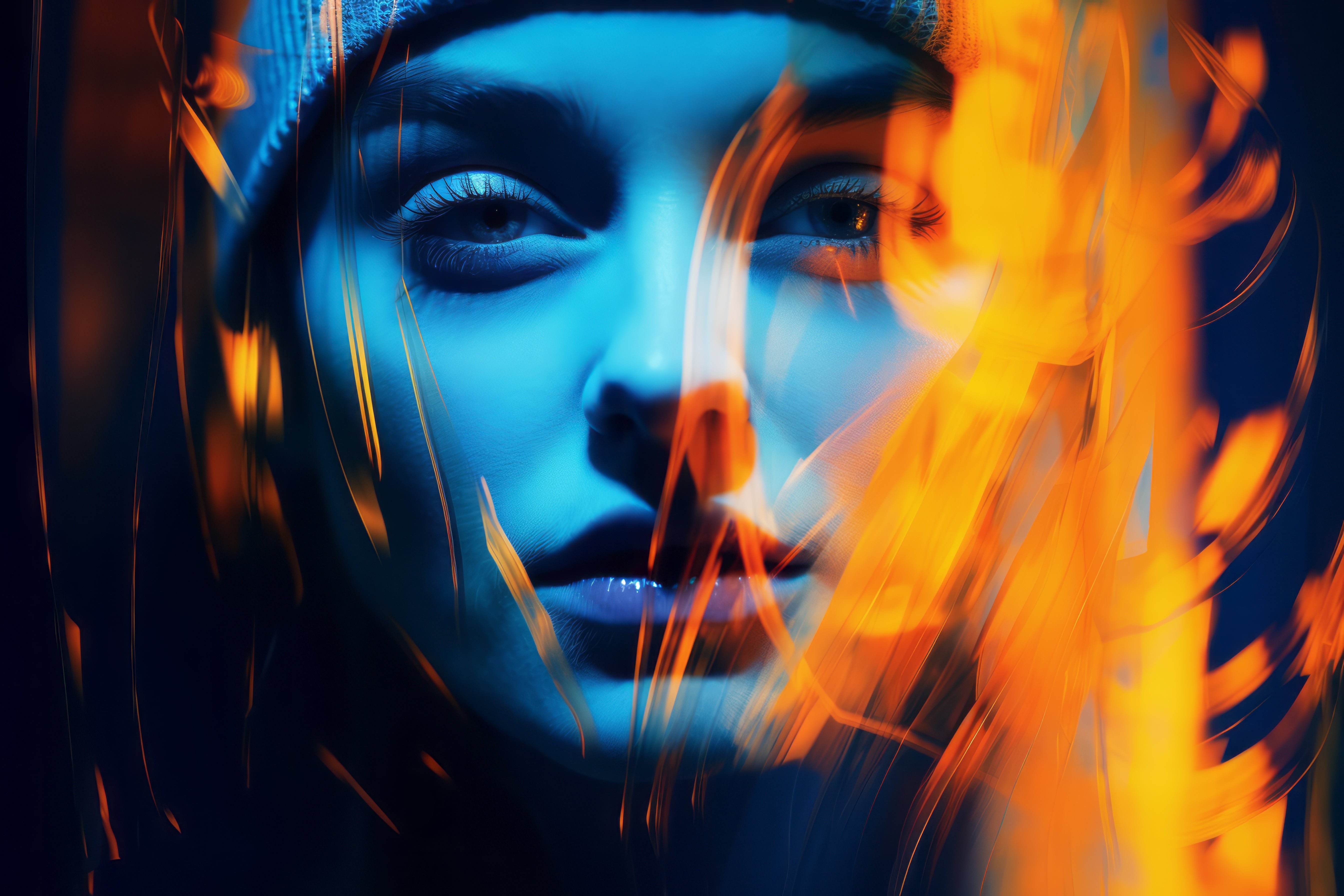 Vinyl Decal,Neon Blue Orange Digital Art Portrait Wall Poster Modern Abstract Face Print, 5 x 7 or 8