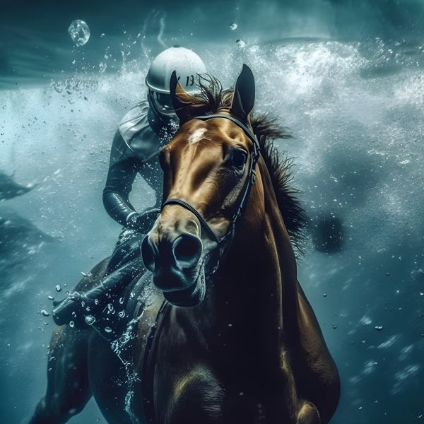 Vinyl Decal Dynamic Horse and Jockey Underwater Art Print, Vivid Blue Water Racing Scene, Number 13,