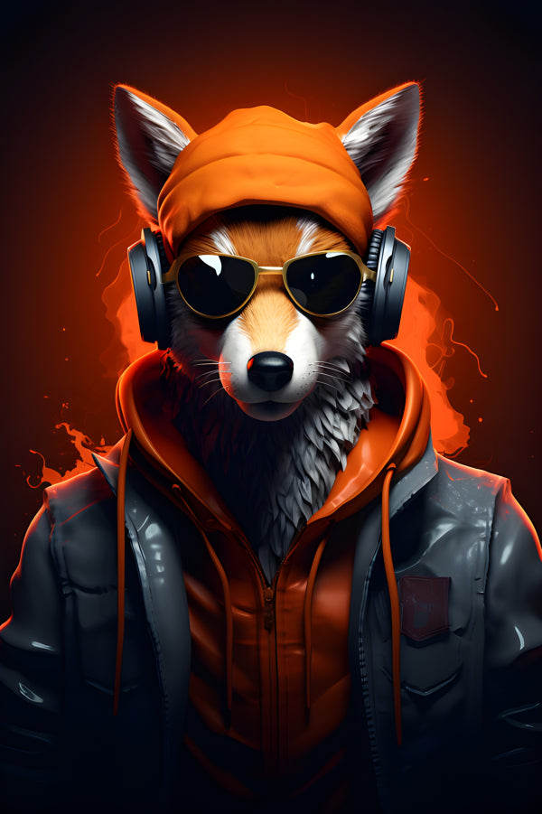 Vinyl Decal, Cool Fox in Orange Beanie, Grey Jacket, and Headphones (5" x 7")
