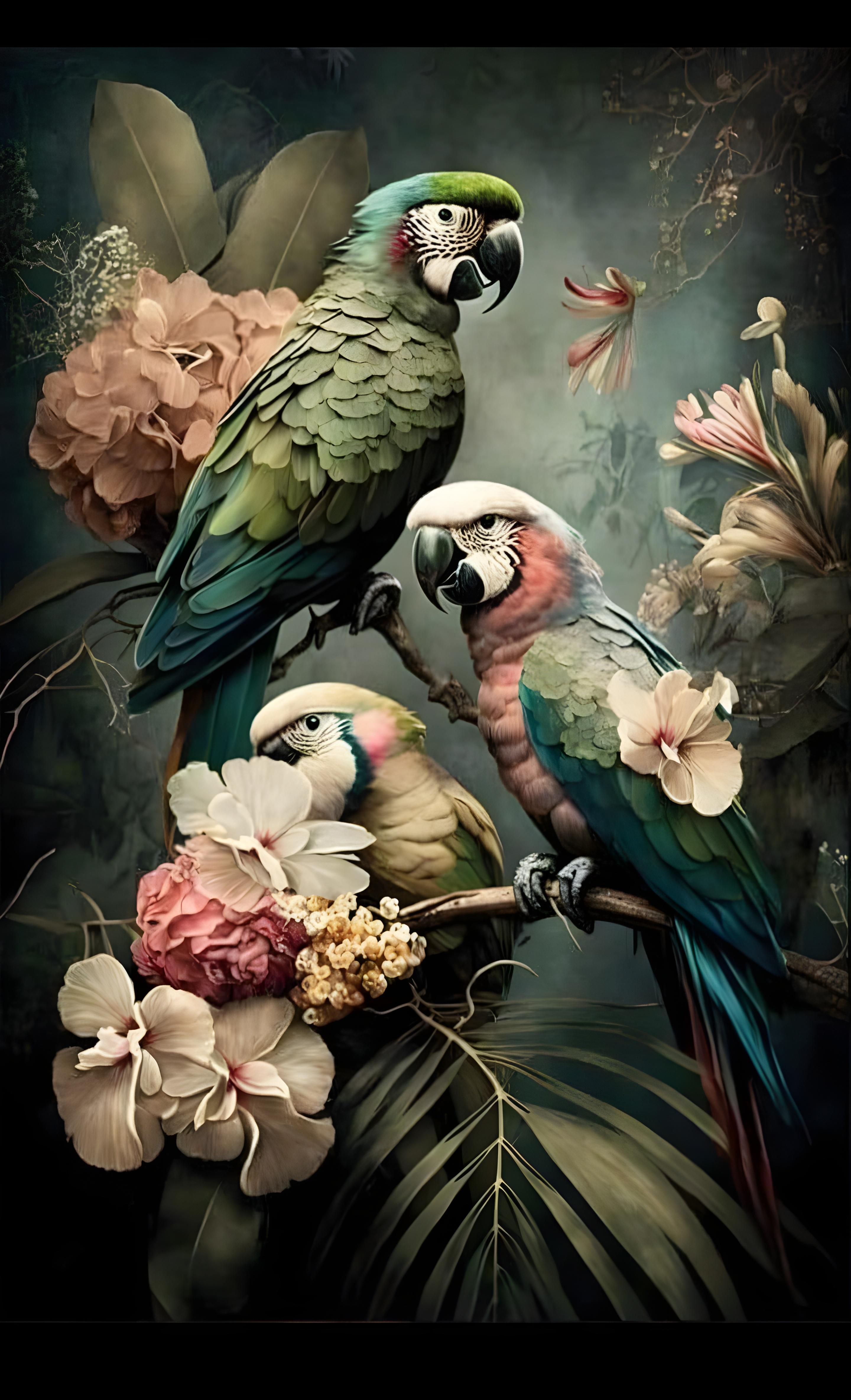Vinyl Decal, Vibrant Feathered Friends Amidst Lush Botanical Beauty, A Colorful Artistic Representat