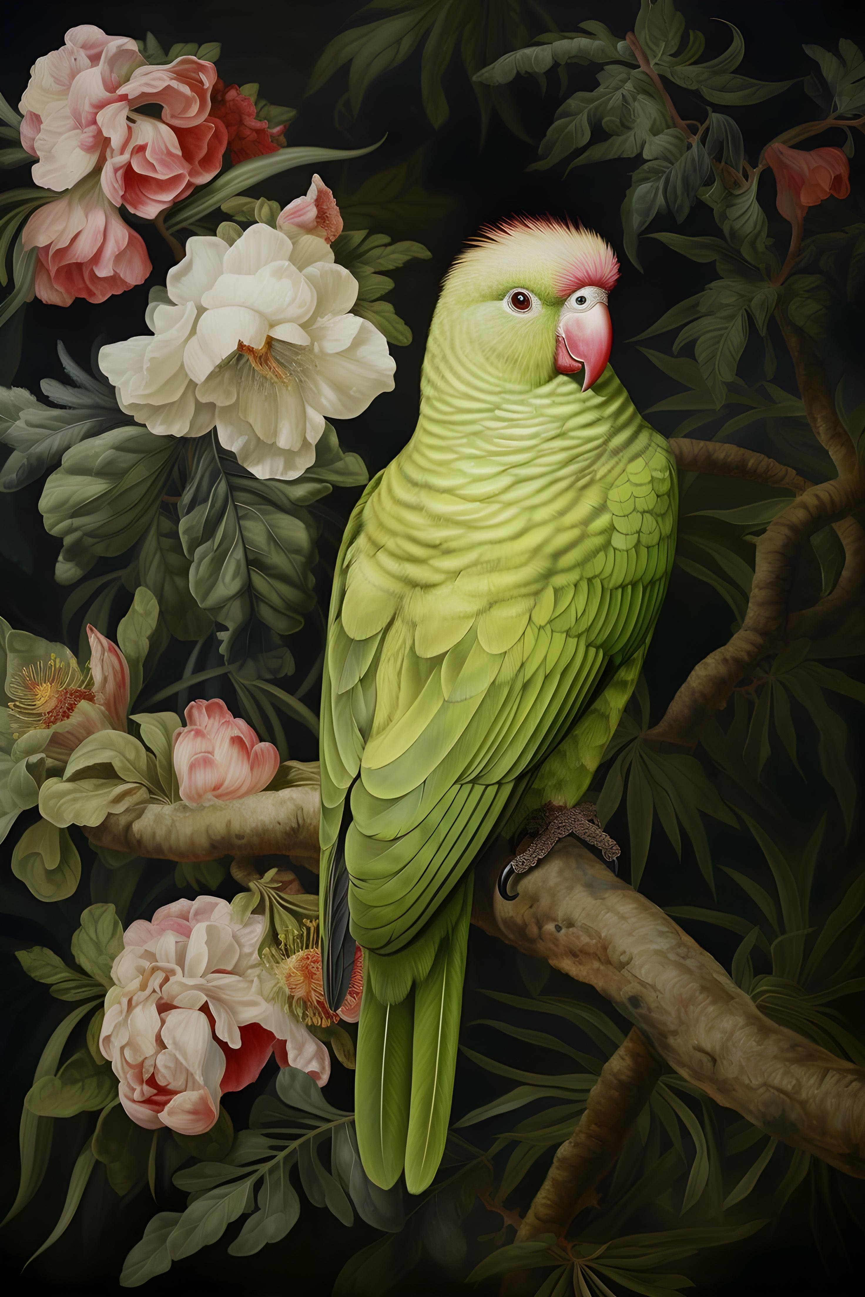 Vinyl Decal, Exquisite Avian Portraiture of a Vibrant Green Bird Amidst a Lush, Dark Floral Arrangem