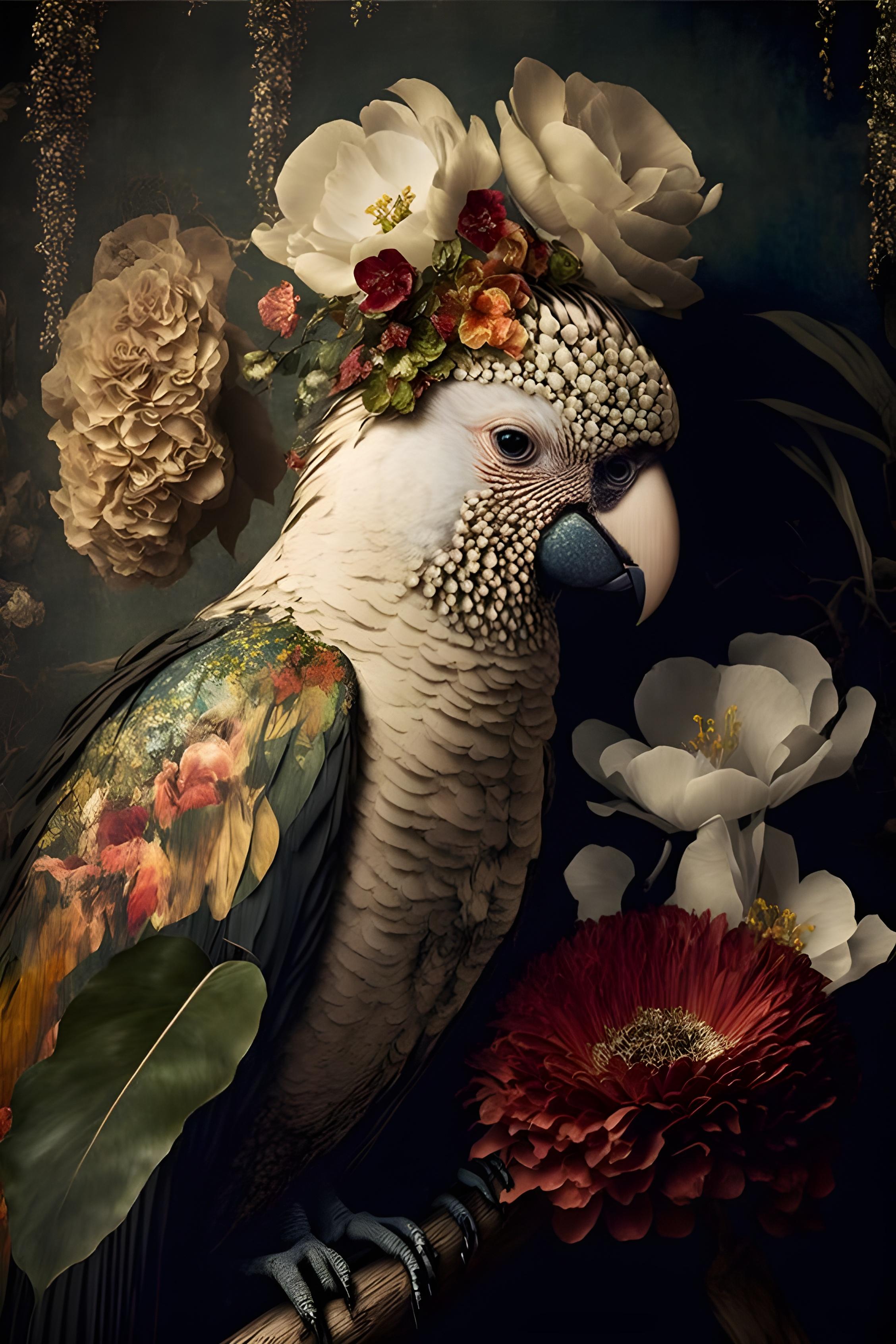 Vinyl Decal, Elegant Floral Parrot Art Print on Quality Canvas, Rich Dark Botanical Bird Wall Decor 