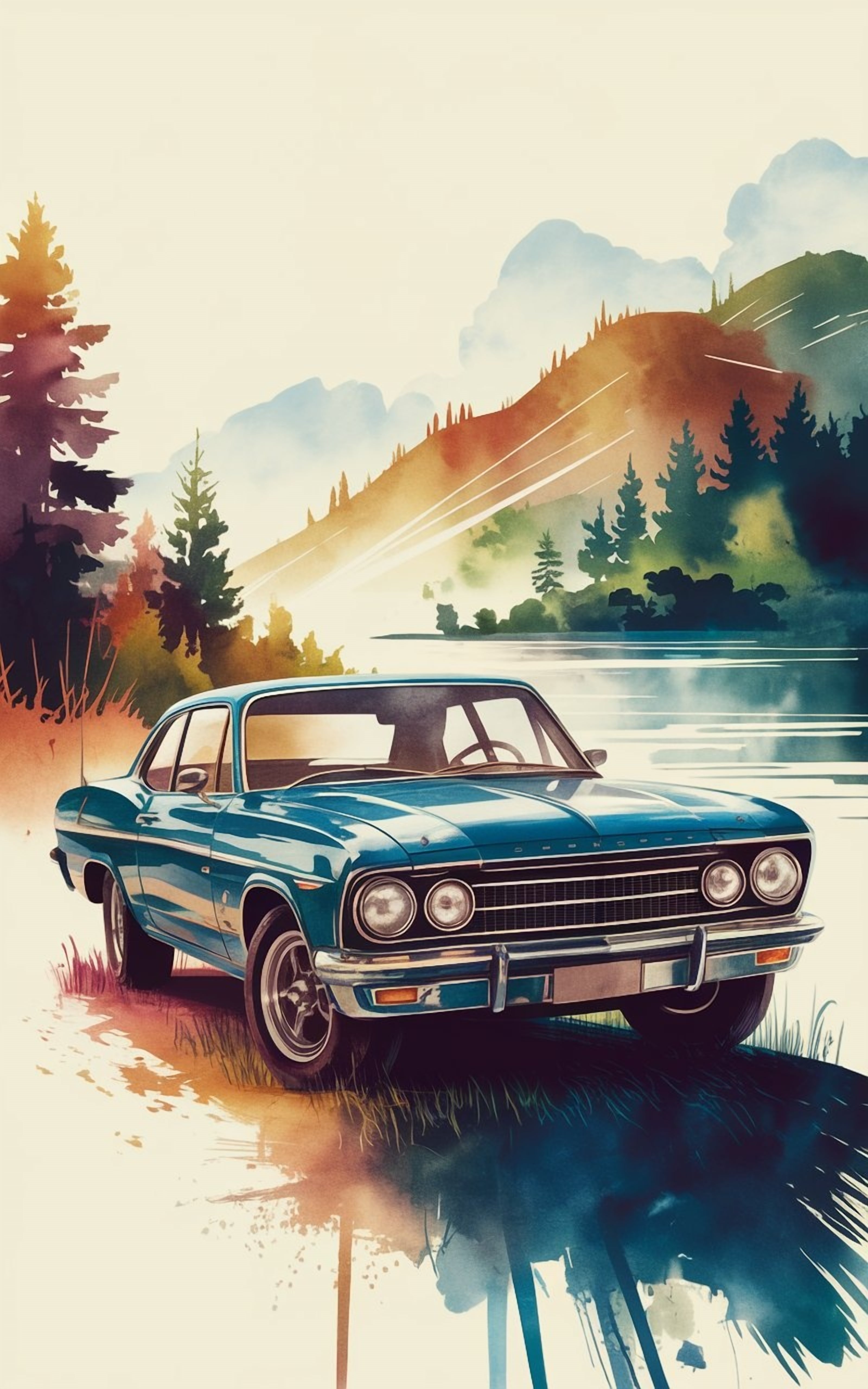 Vinyl Decal, Beautiful Artistic Print of a Classic Vehicle Next to a Scenic Waterfront (5" x 7")