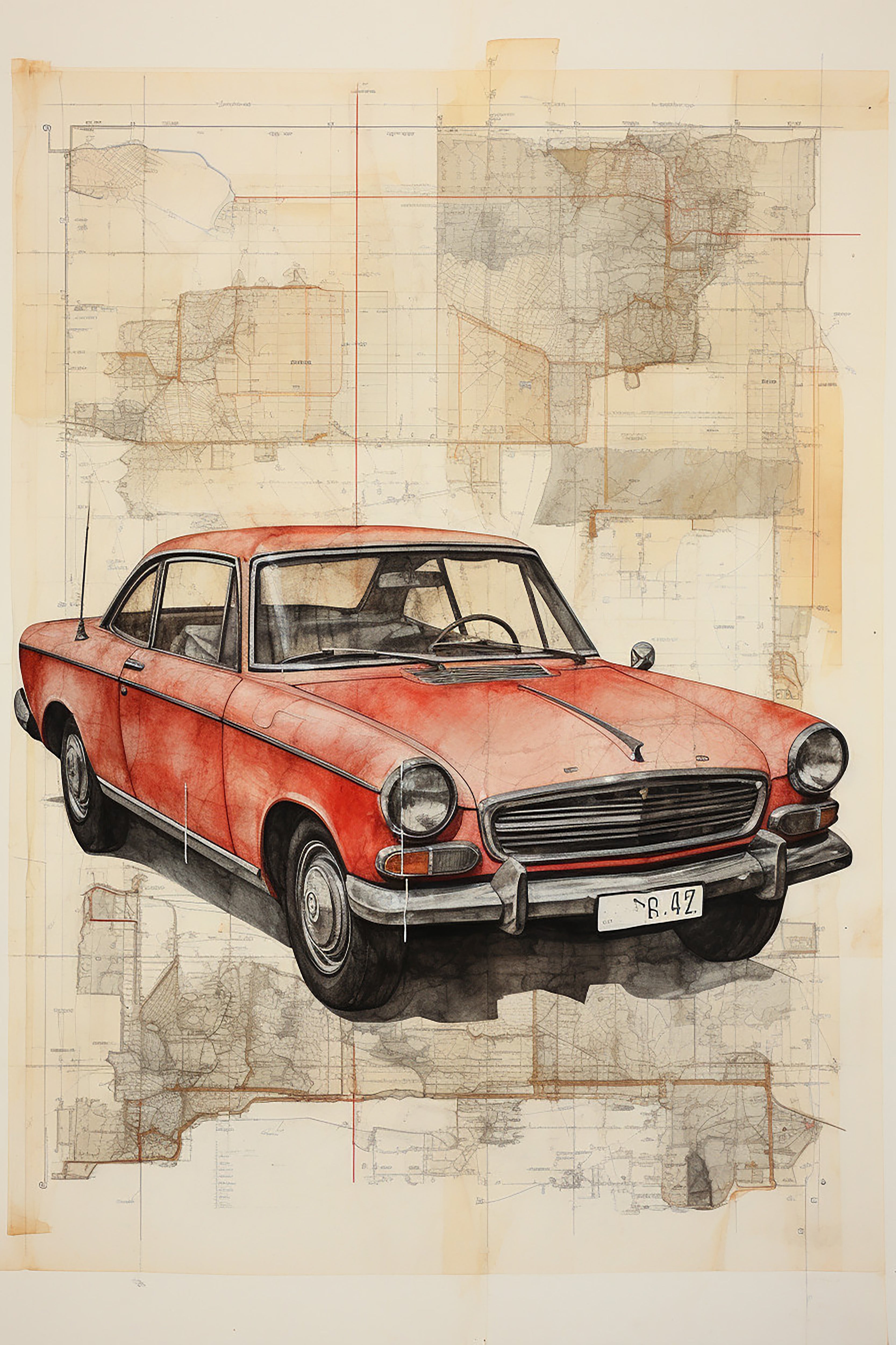 Vinyl Decal, Vintage Automobile Art Print on Map Background - Classic Vehicle Illustration for Home 