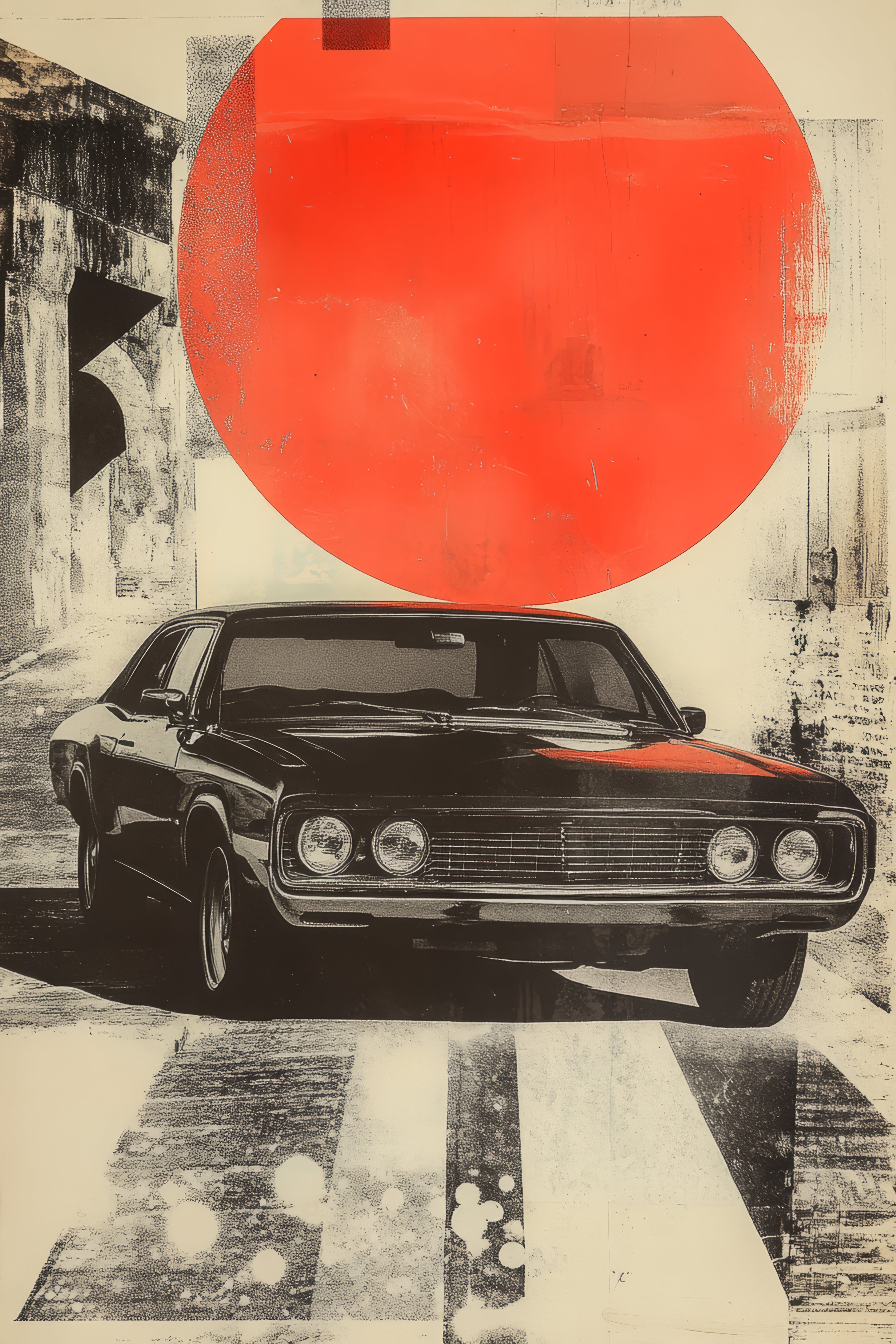 Vinyl Decal, Vintage Automotive Art Print Featuring a Classic Black Vehicle and Bold Red Sun Graphic
