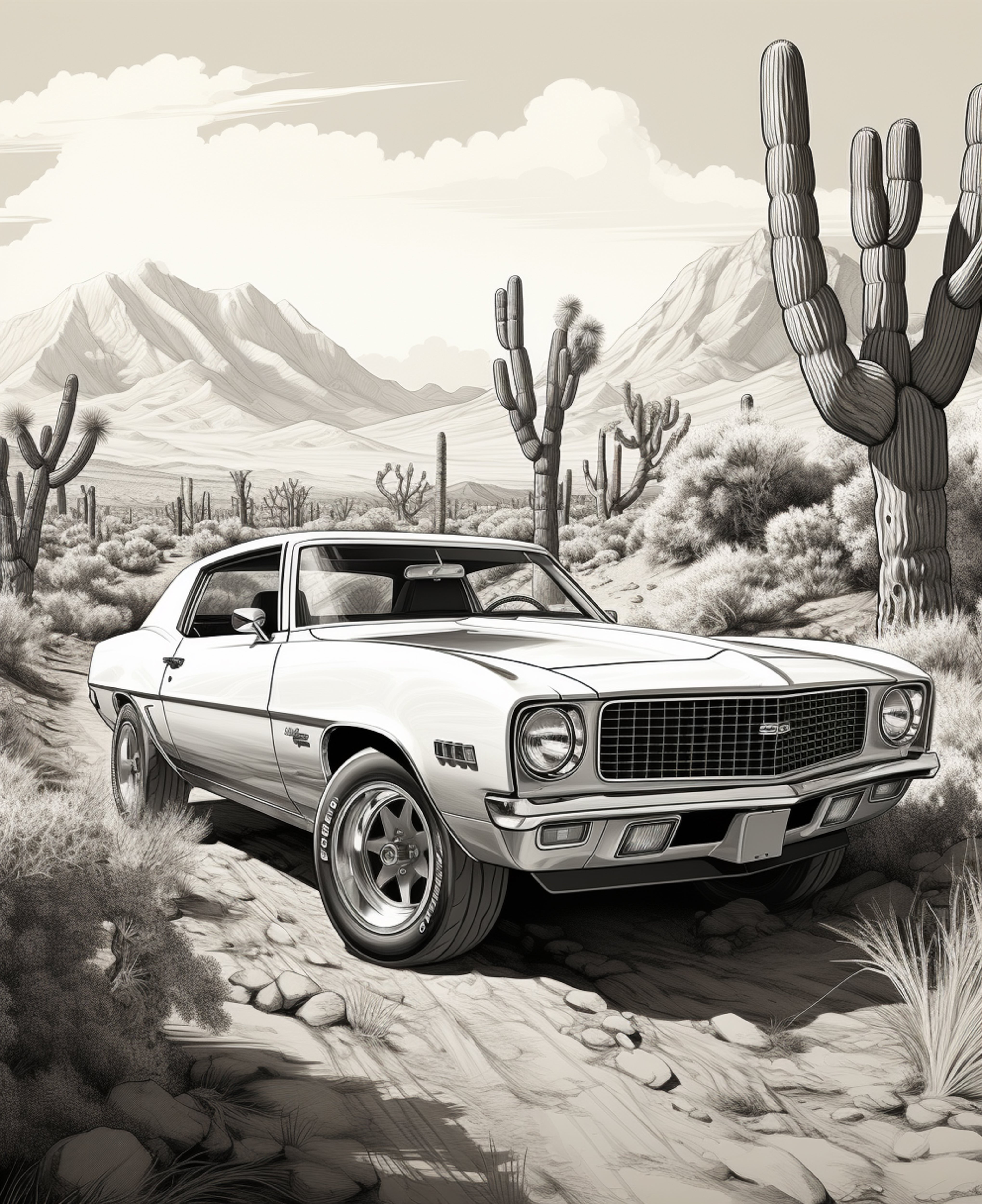 Vinyl Decal, Classic American Muscle Car Desert Scene Wall Art Print, Vintage Vehicle Illustration D