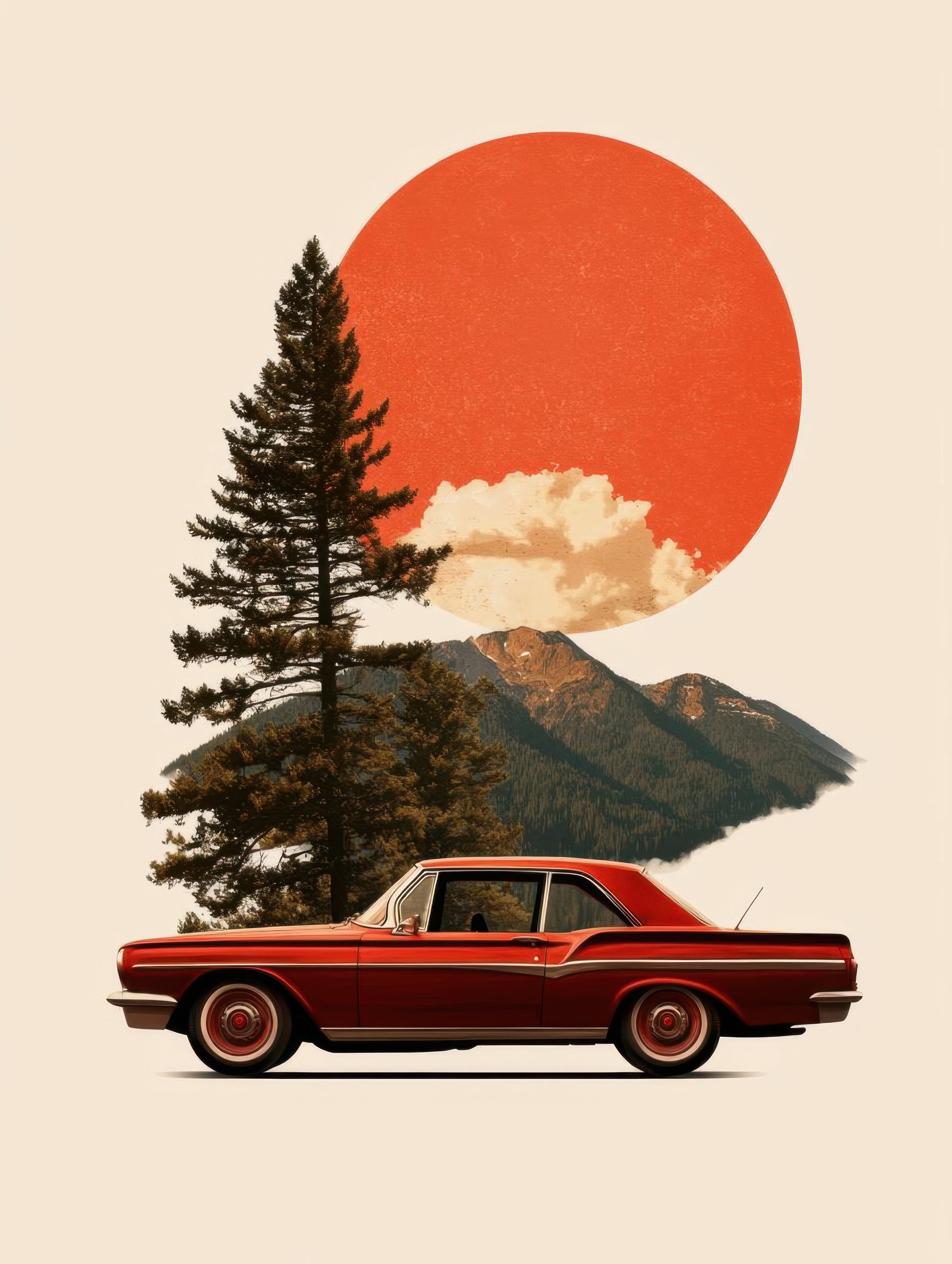 Vinyl Decal, Scenic Drive Adventure Wall Art Print - Rustic Mountain & Classic Vehicle Illustration 