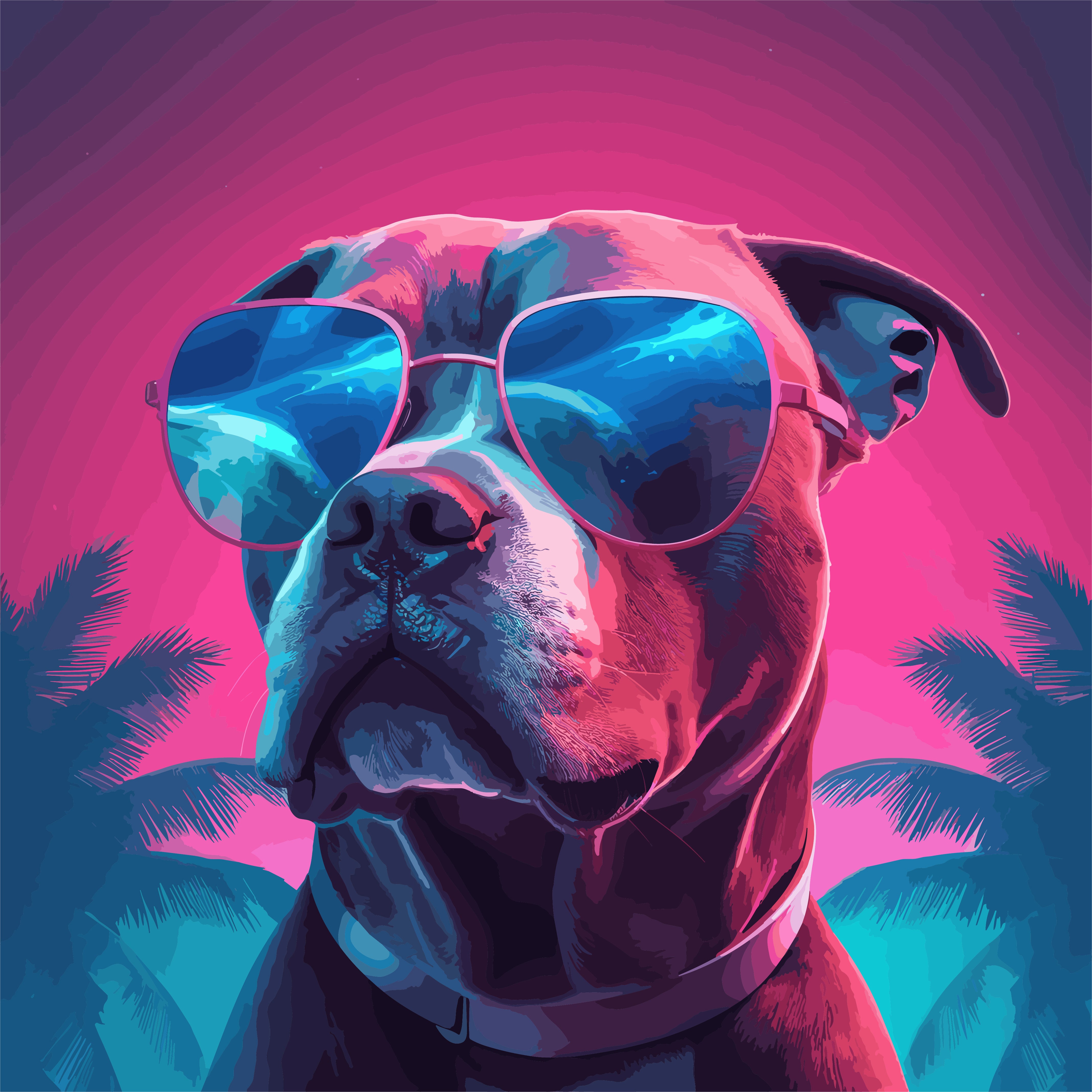 Vinyl Decal, Stylish Canine Portrait with Vibrant Pink and Blue Hues, Perfect for Unique Apparel and