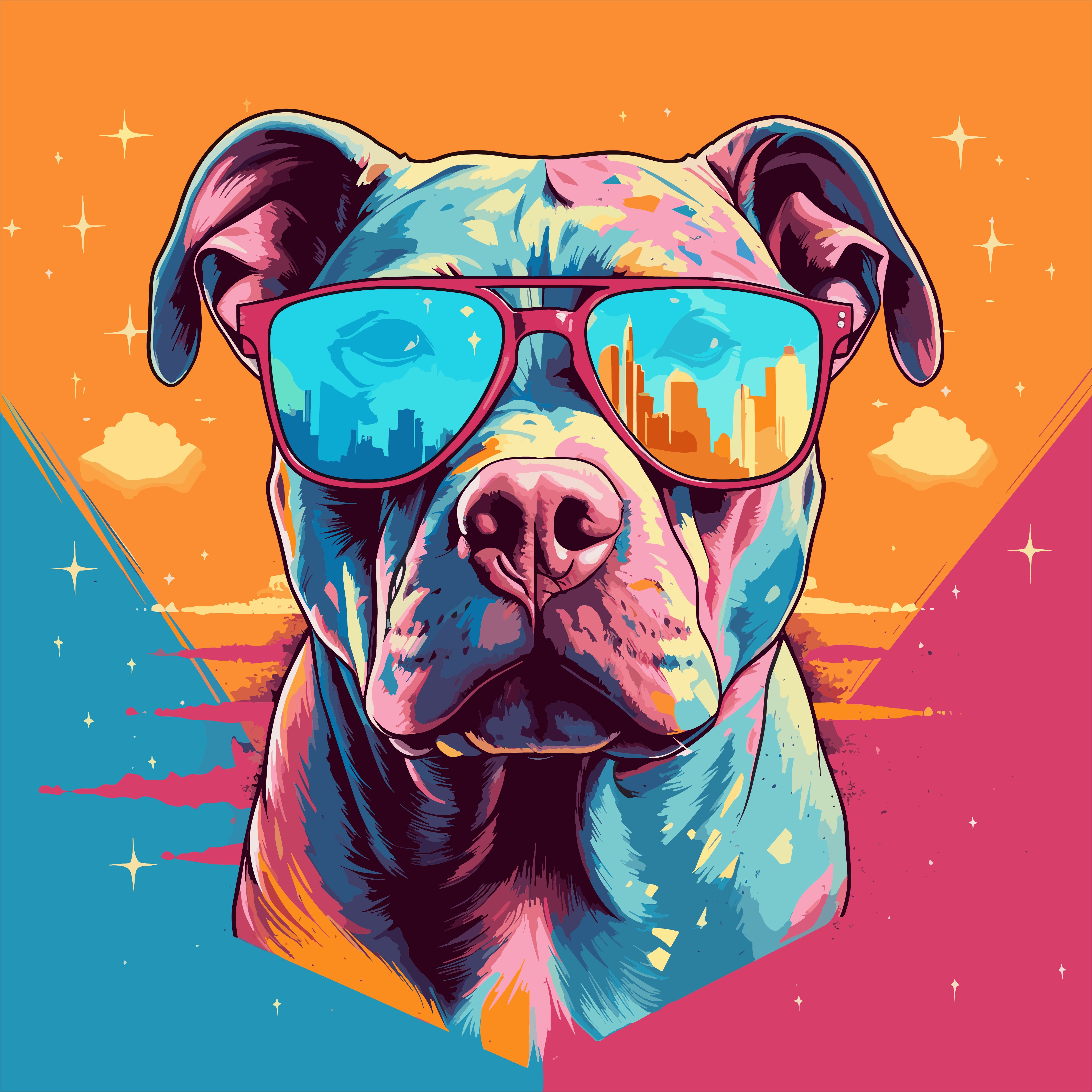Vinyl Decal, Colorful Canine with Reflective Eyewear Artistic Illustration Apparel (5" x 7")