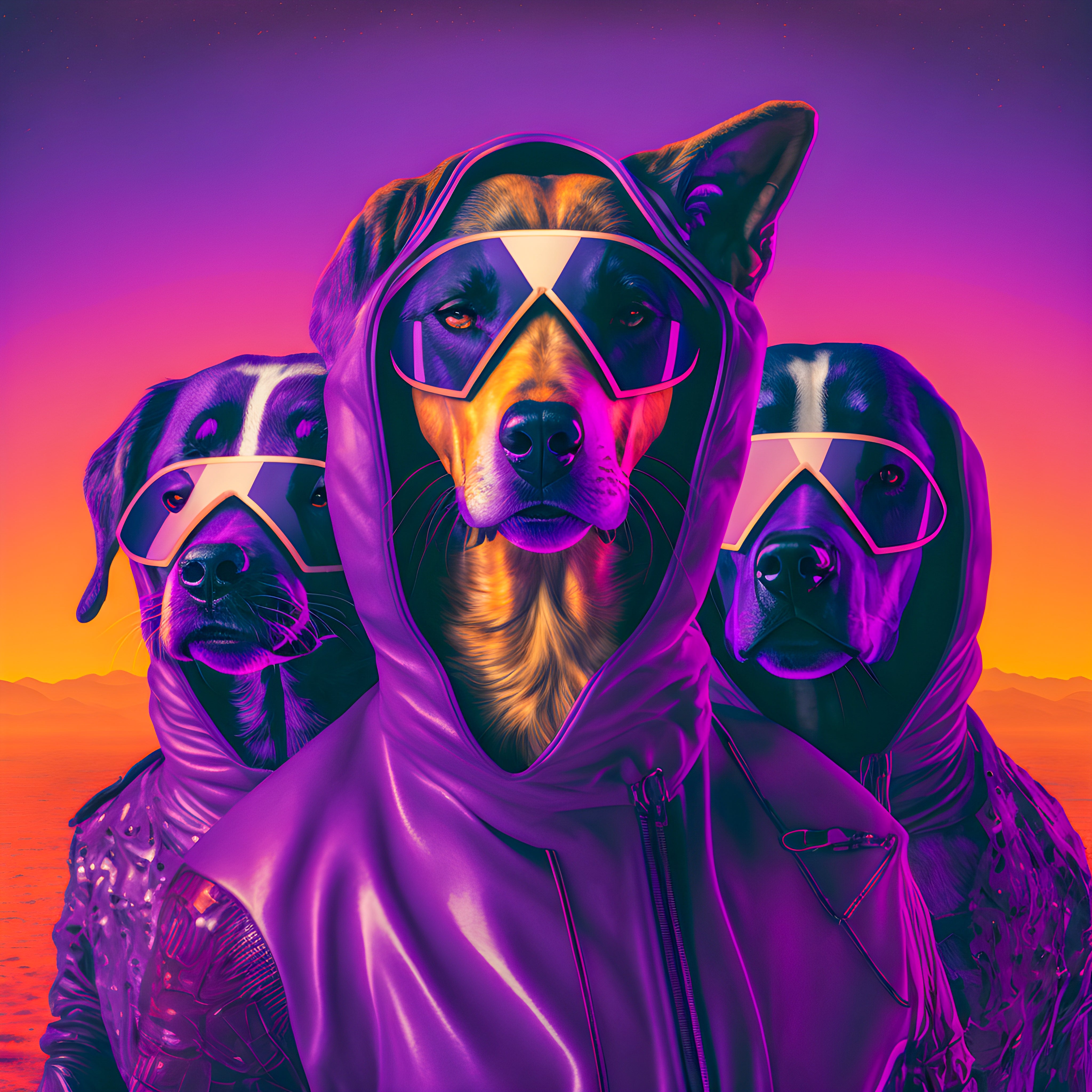 Vinyl Decal, Vibrant Canine Trio in Futuristic Apparel Wall Decor Print, Striking Artistic Expressio