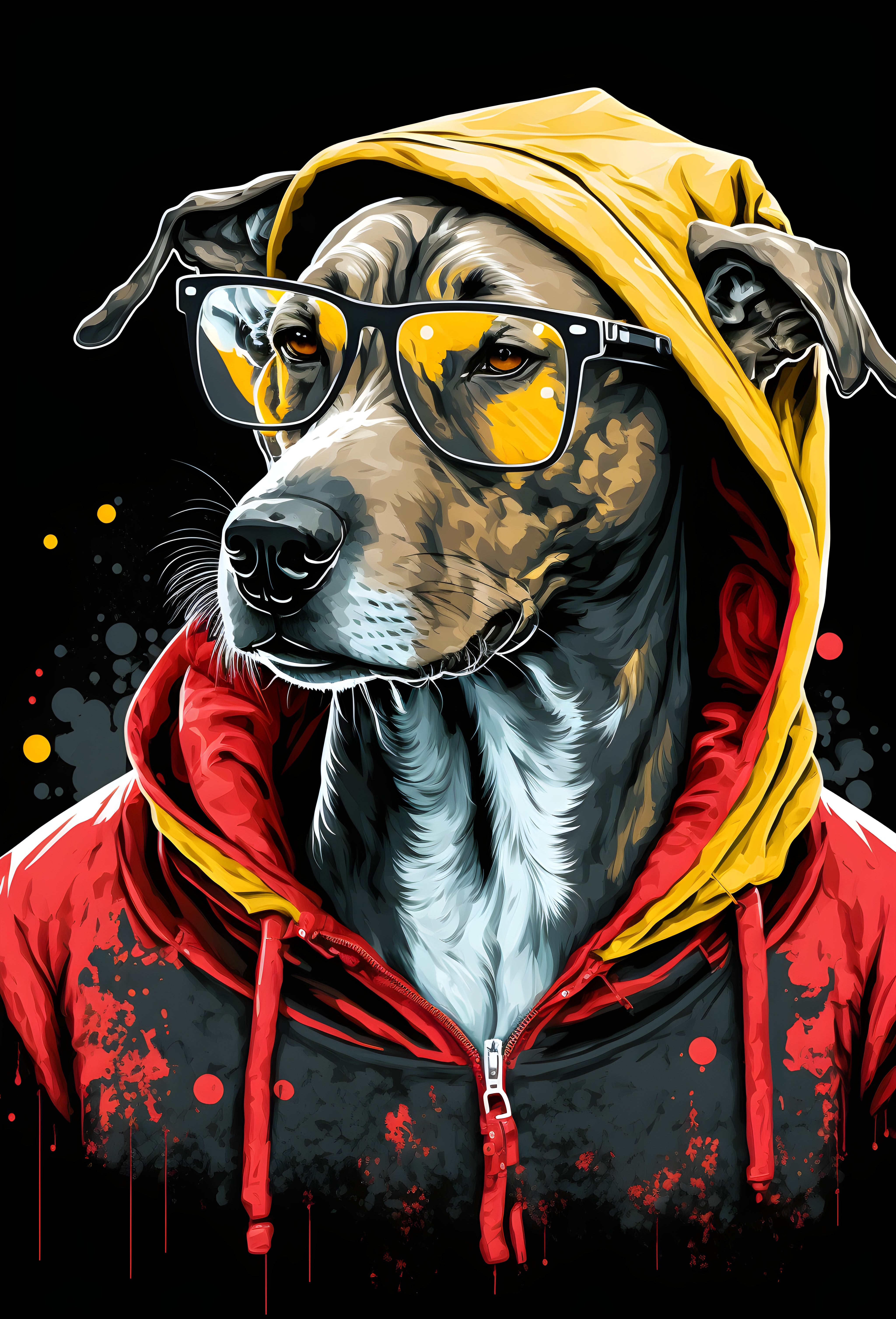 Vinyl Decal, Stylish Canine in Modern Attire, Featuring Glasses and a Vibrant Yellow Hoodie (5" x 7"