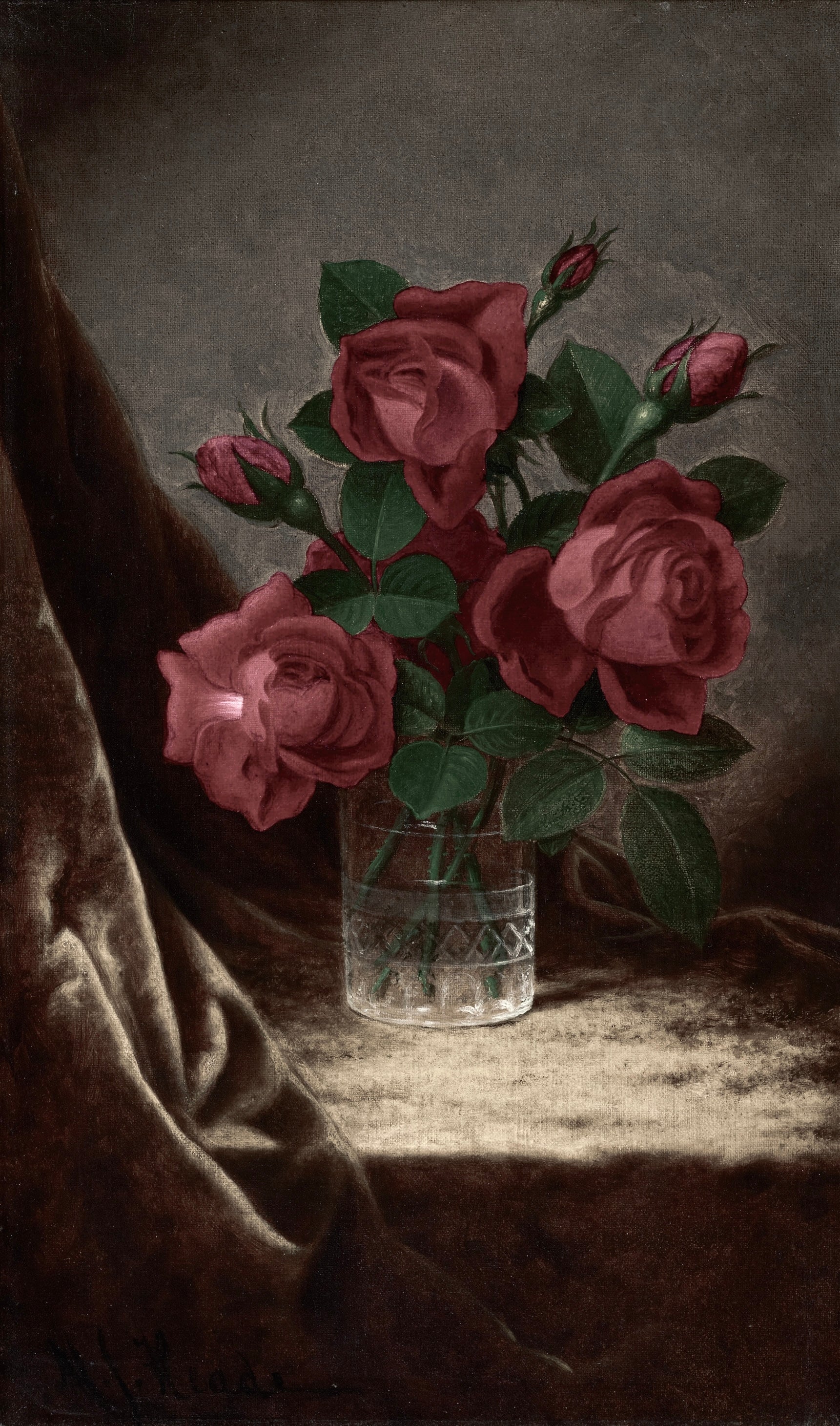 Vinyl Decal, Classic Floral Artwork Print Featuring Deep Red Blooms in a Clear Glass Container on a 
