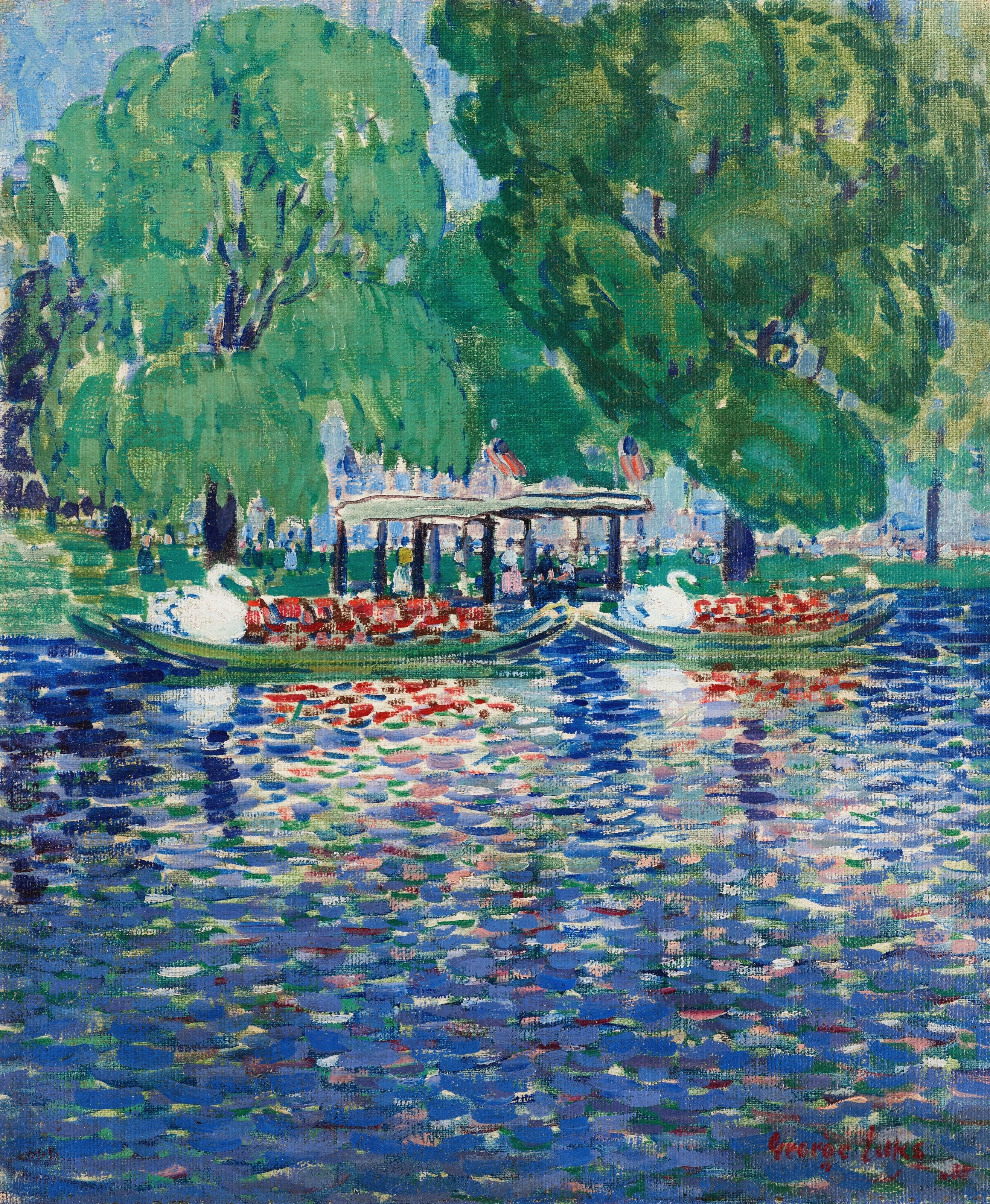 Vinyl Decal, Vibrant Summer Water Scene with Green Trees and Decorative Boats (5" x 7")