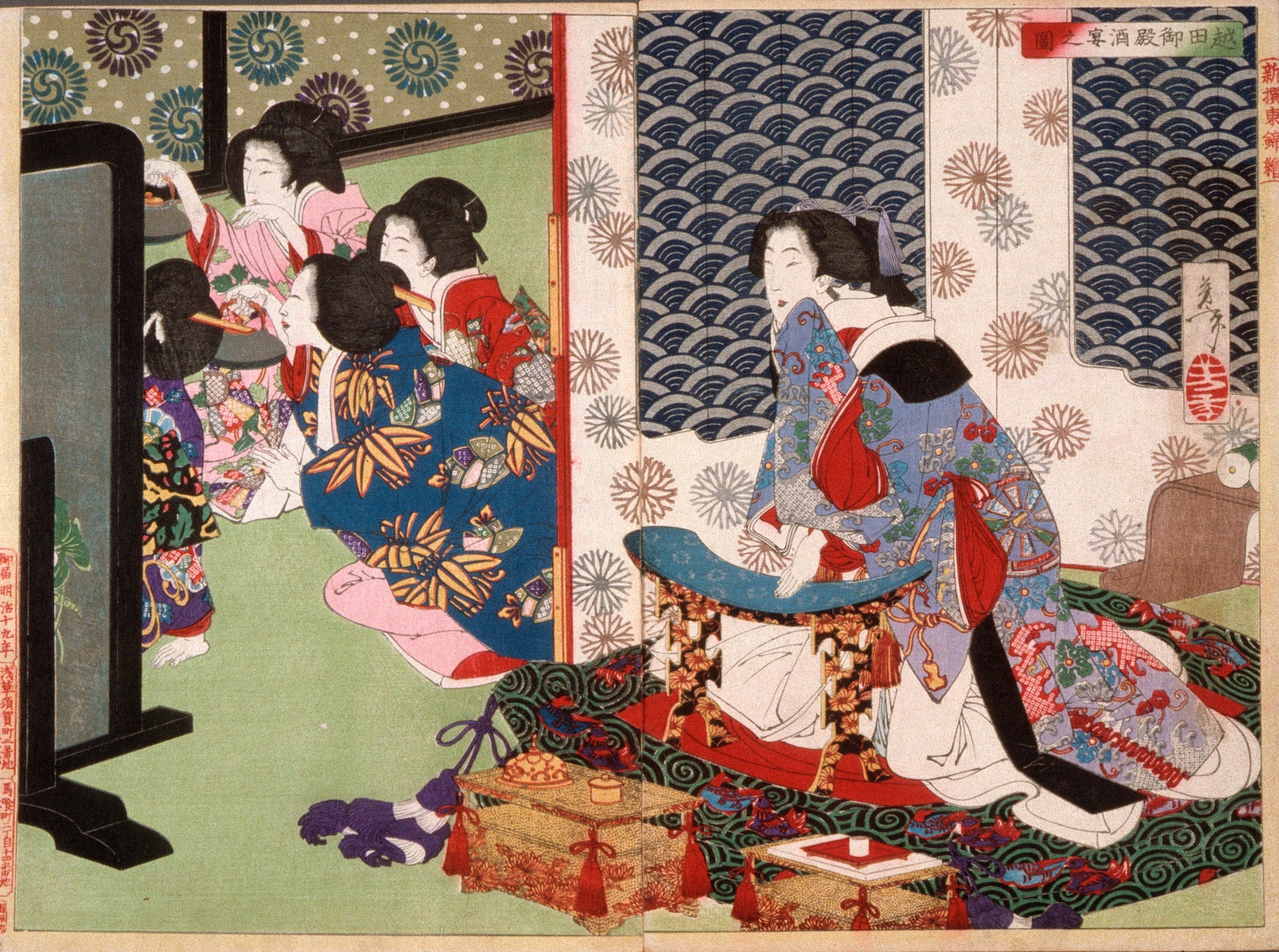 Vinyl Decal, Elegant Vintage Artwork Print Depicting a Traditional Japanese Banquet Scene with Atten