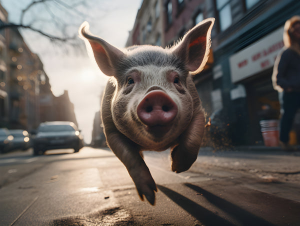 Vinyl Decal, Mini Pig Running on City Street at Sunset (5" x 7")