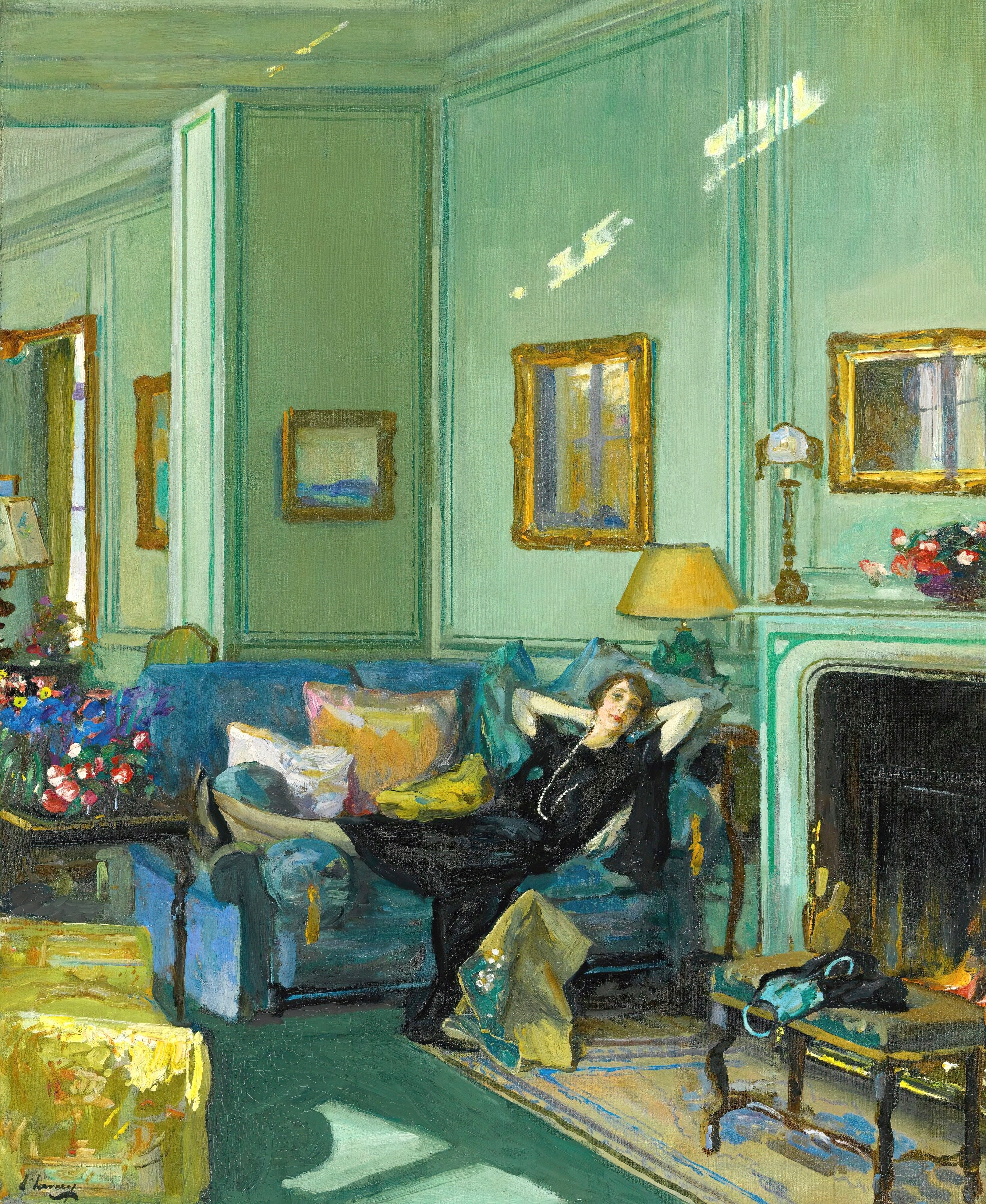 Vinyl Decal, Elegant Depiction of a Lady Relaxing Indoors, Captured in a Vibrant Interior Setting wi