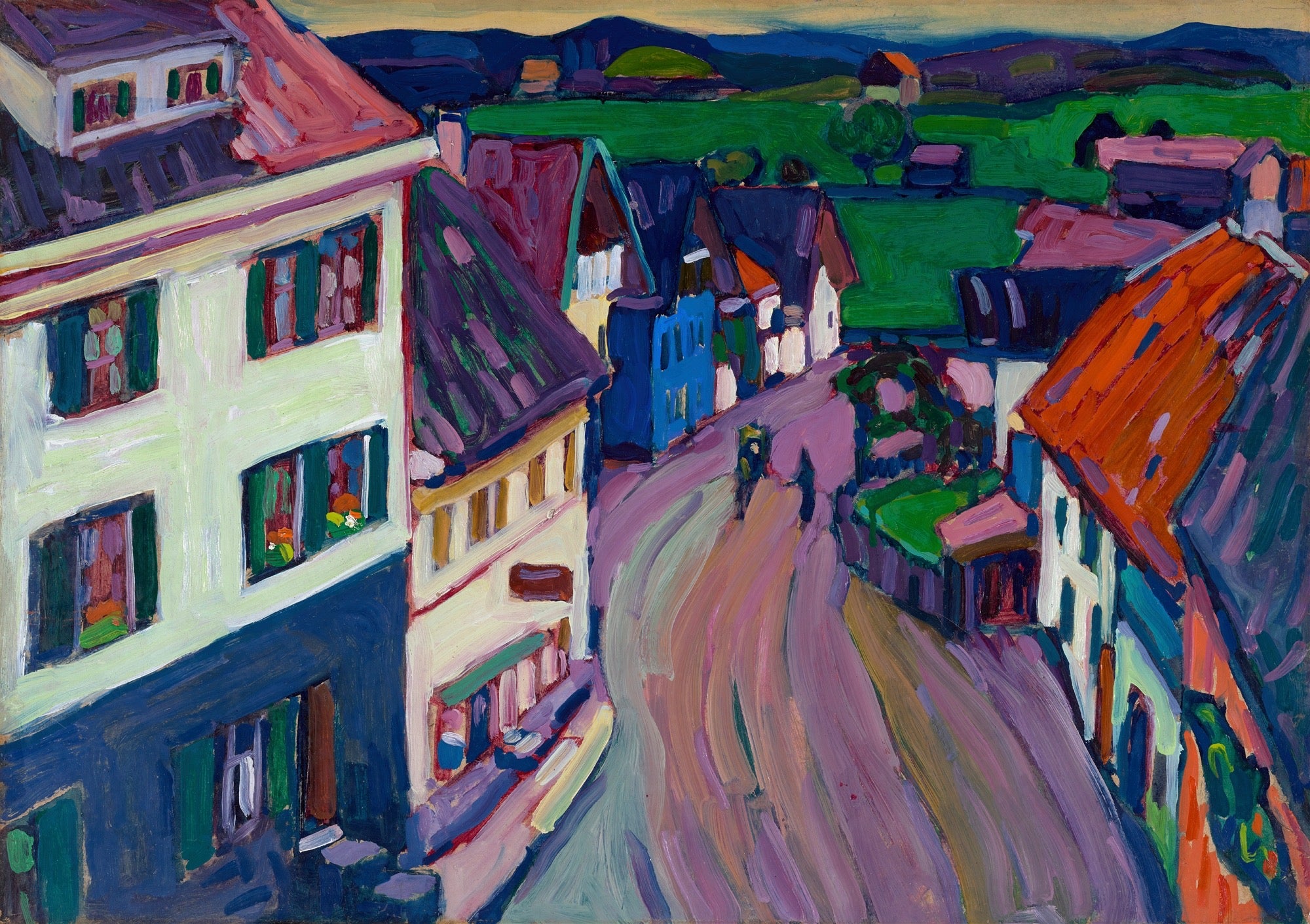 Vinyl Decal, Vibrant Artistic Impression of a European Village Street and the Surrounding Landscape 