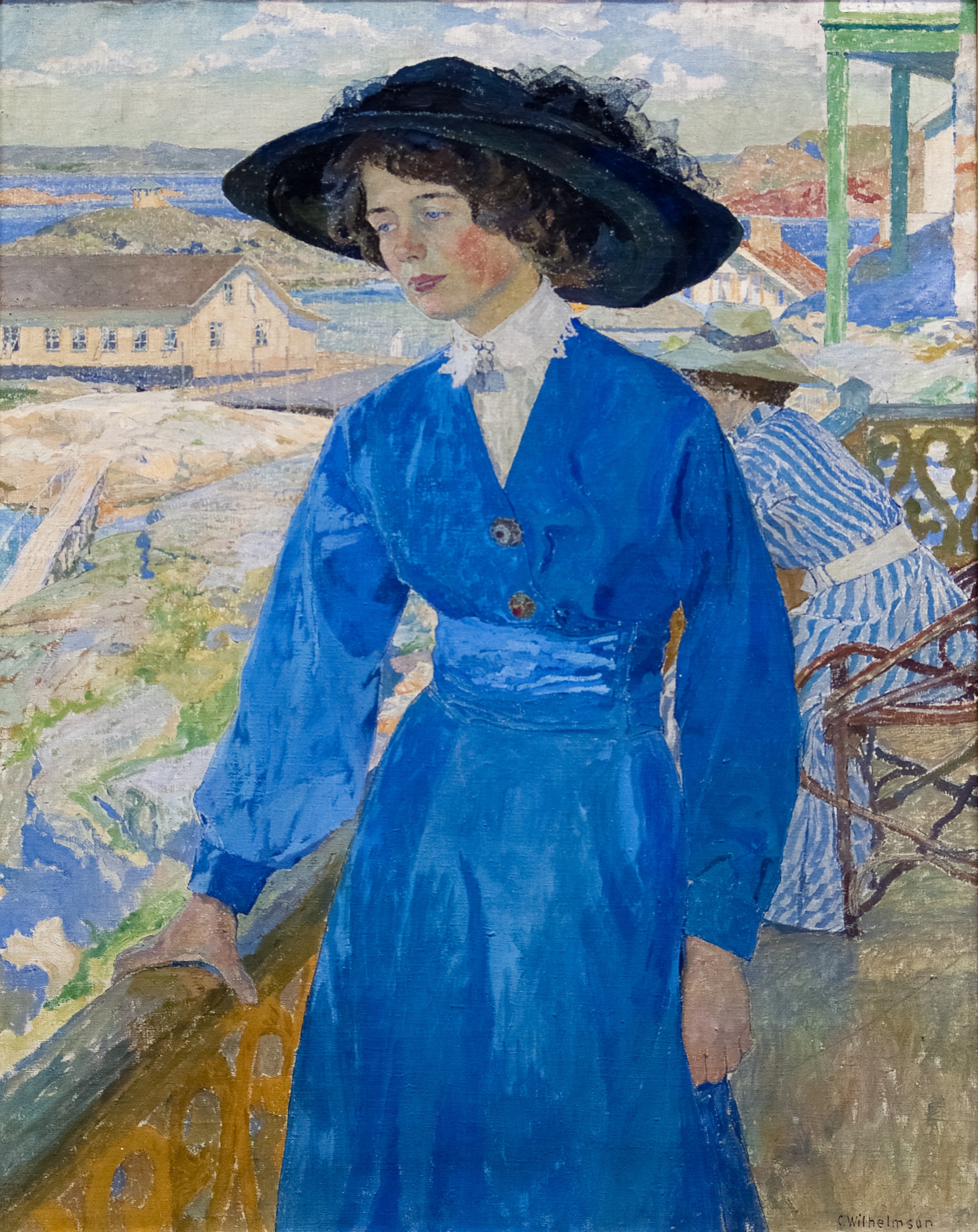 Vinyl Decal, Painting of a Young Woman in a Vibrant Blue Dress and Large Hat Standing on an Outdoor 