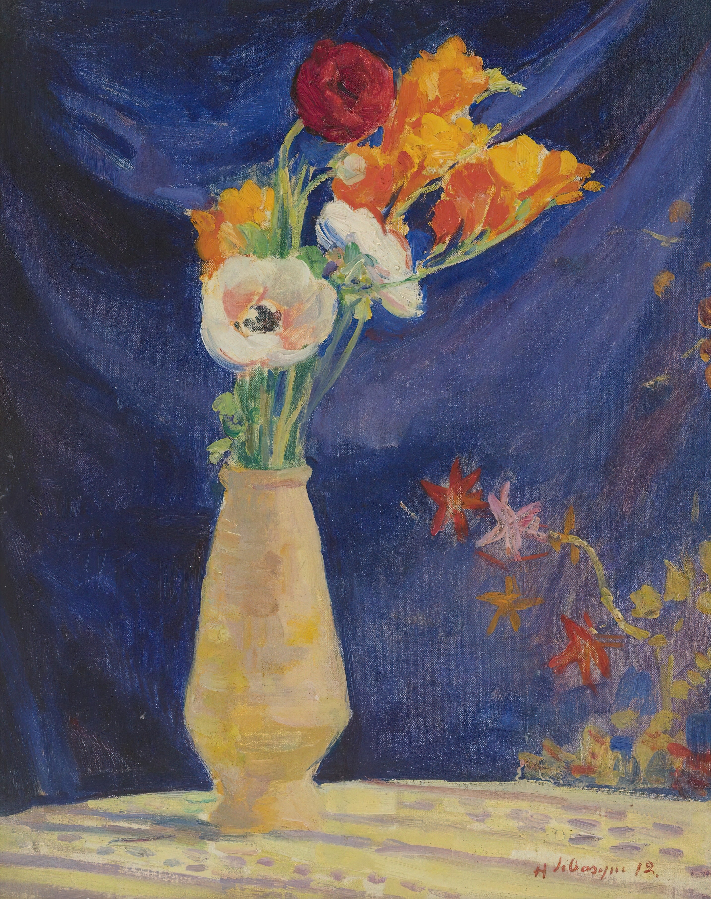 Vinyl Decal, Vibrant Floral Arrangement in Yellow Container on Tabletop Against Blue Fabric Backdrop
