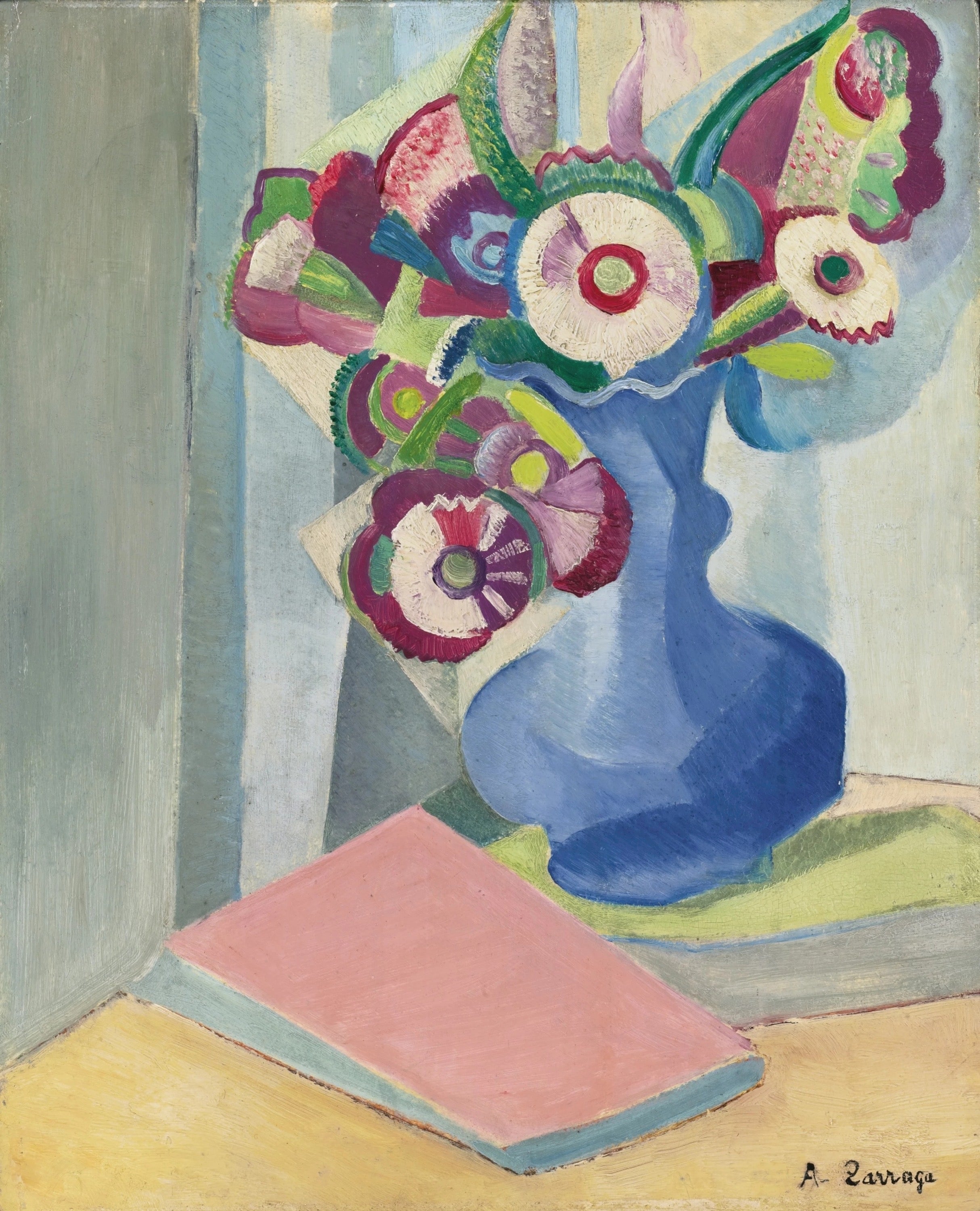 Vinyl Decal, Colorful Floral Arrangement in a Blue Container with an Open Book on a Tabletop Display