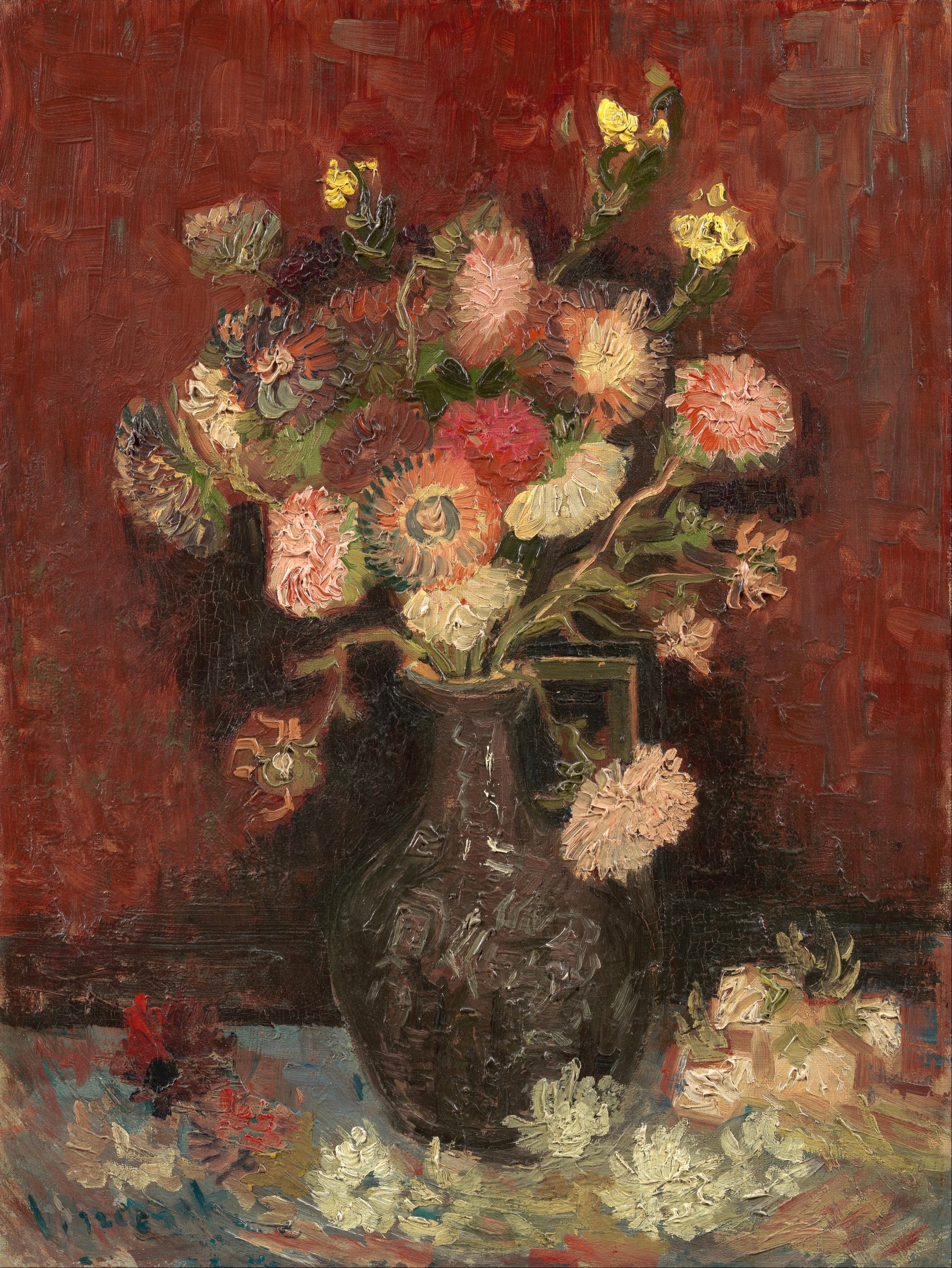 Vinyl Decal, Vibrant Floral Arrangement in a Dark Vase, Artistic Oil Painting Print, Rich Red Backgr