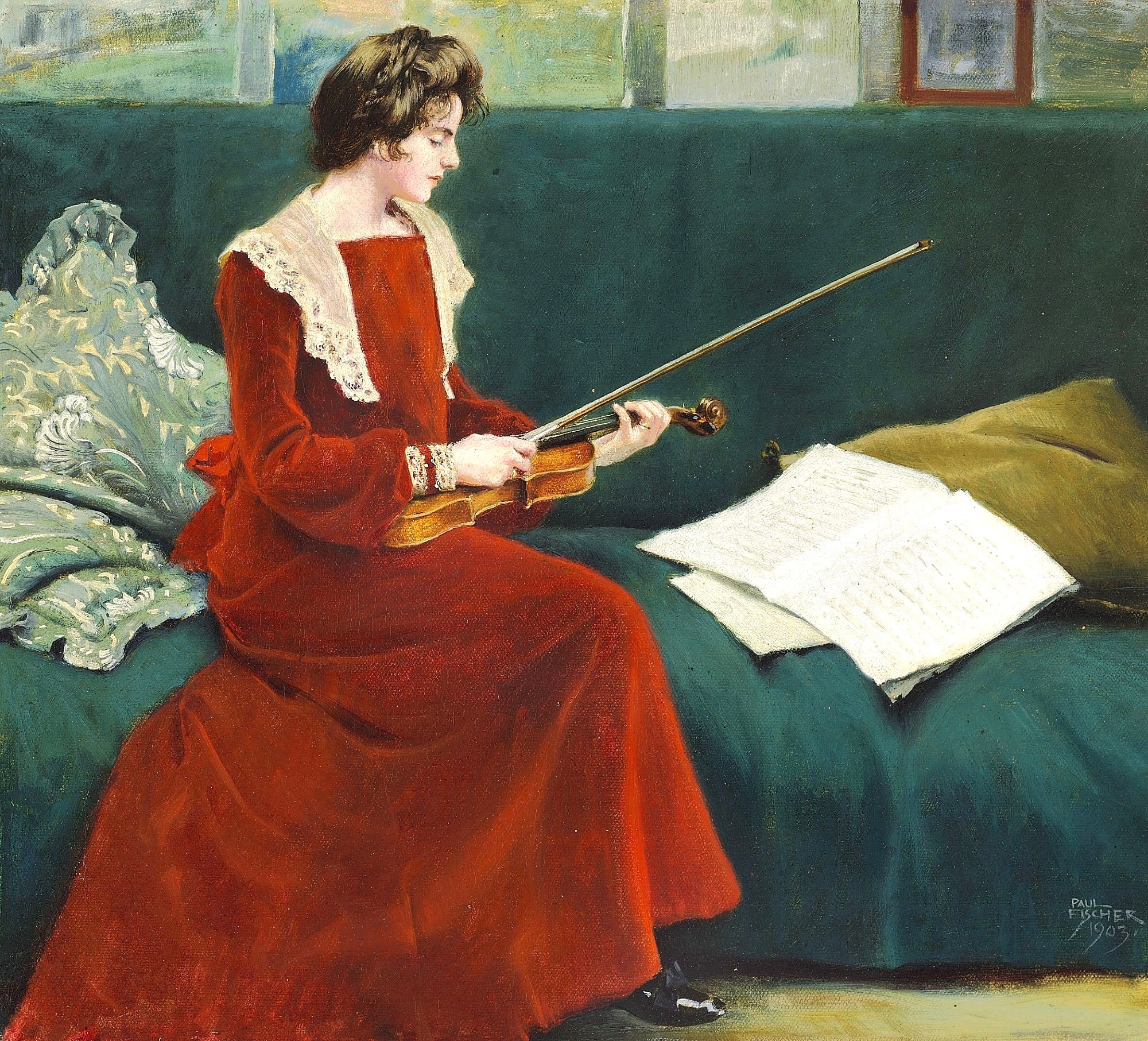 Vinyl Decal, Elegant Depiction of a Woman Playing a String Instrument in a Vibrant Red Dress, Seated