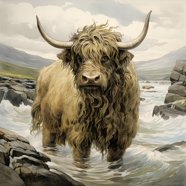 Vinyl Decal, Highland Cow Standing in a Rushing River, Nature Art Print (5" x 7")