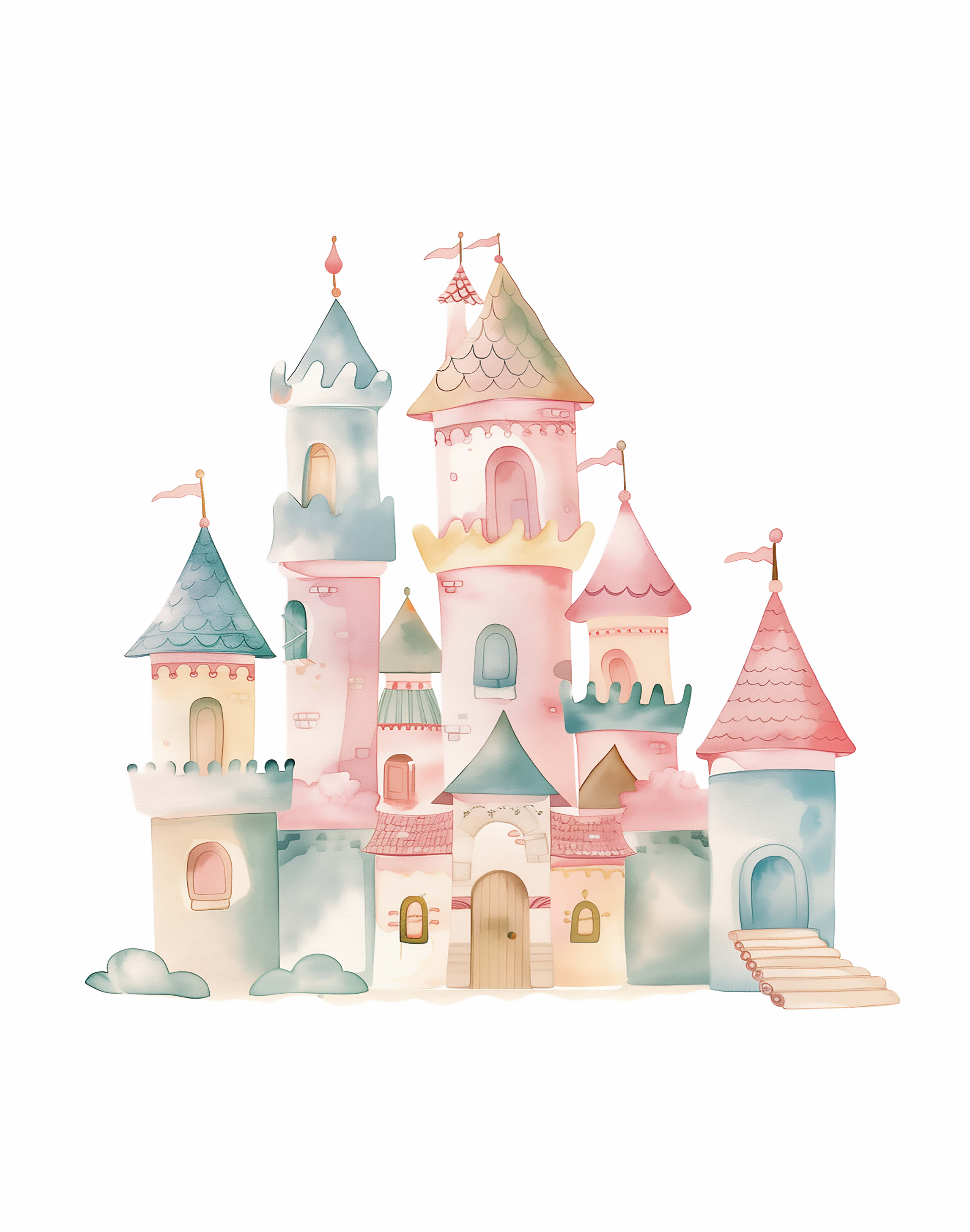 Vinyl Decal, Gentle Watercolor Illustration of a Whimsical Architectural Structure with Multiple Tow