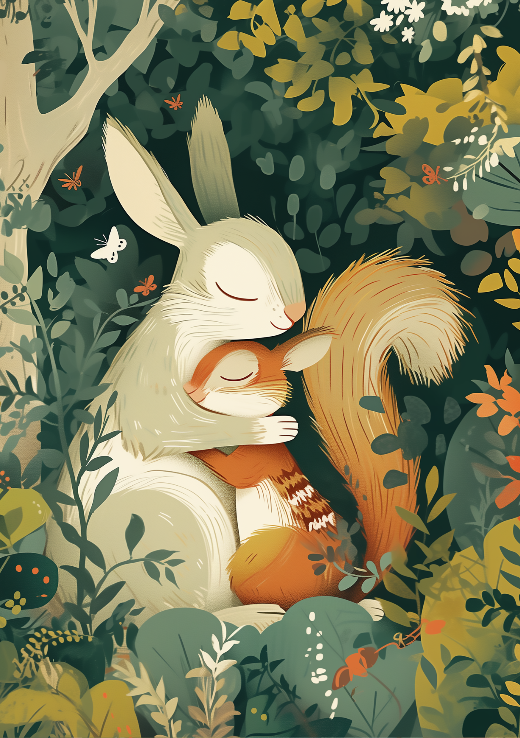 Vinyl Decal, Adorable Woodland Creatures Snuggle Together in a Lush Green Sanctuary (5" x 7")