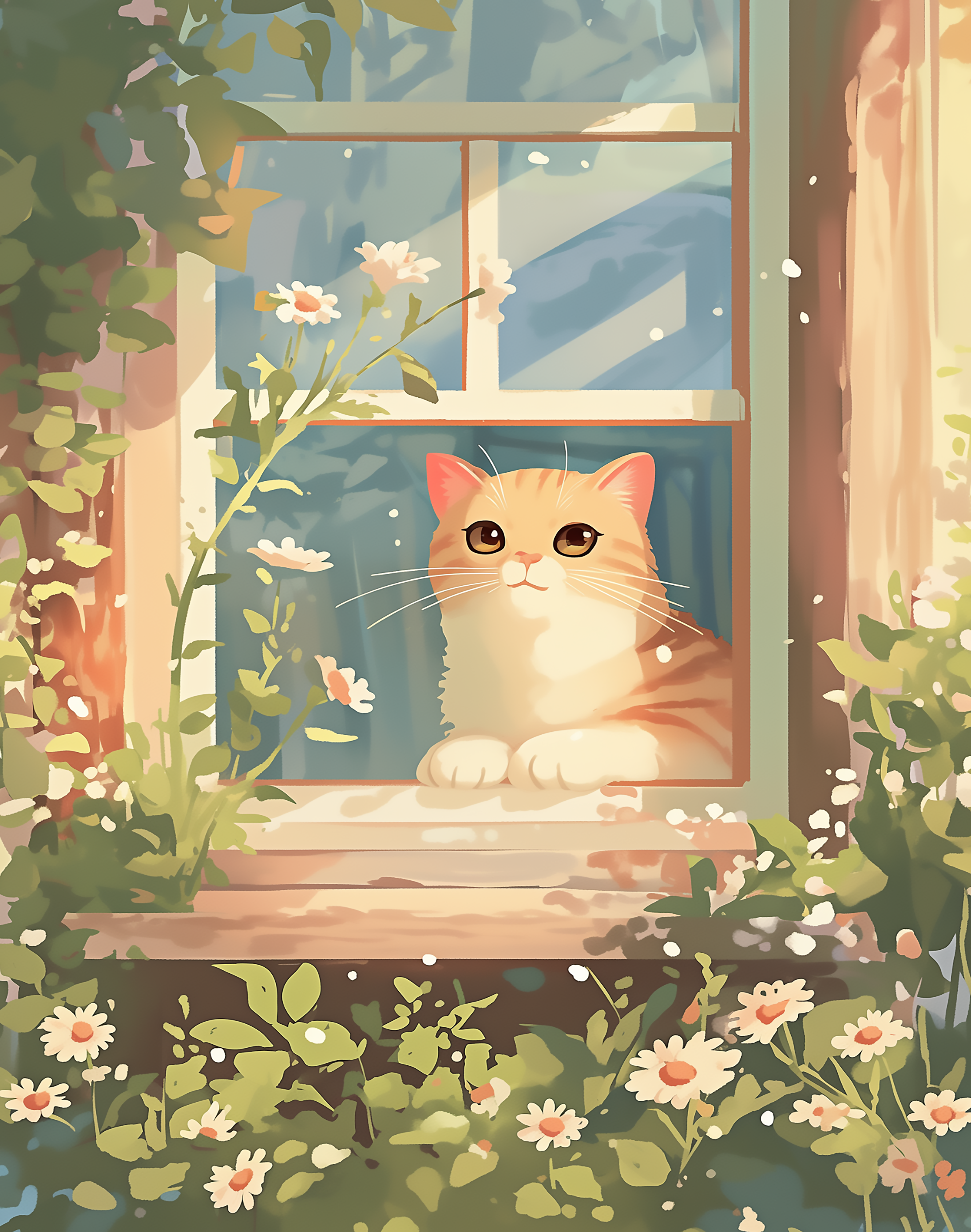 Vinyl Decal, Whimsical Feline Window Scene Art Print, Peaceful Pet Illustration, Natural Light Home 